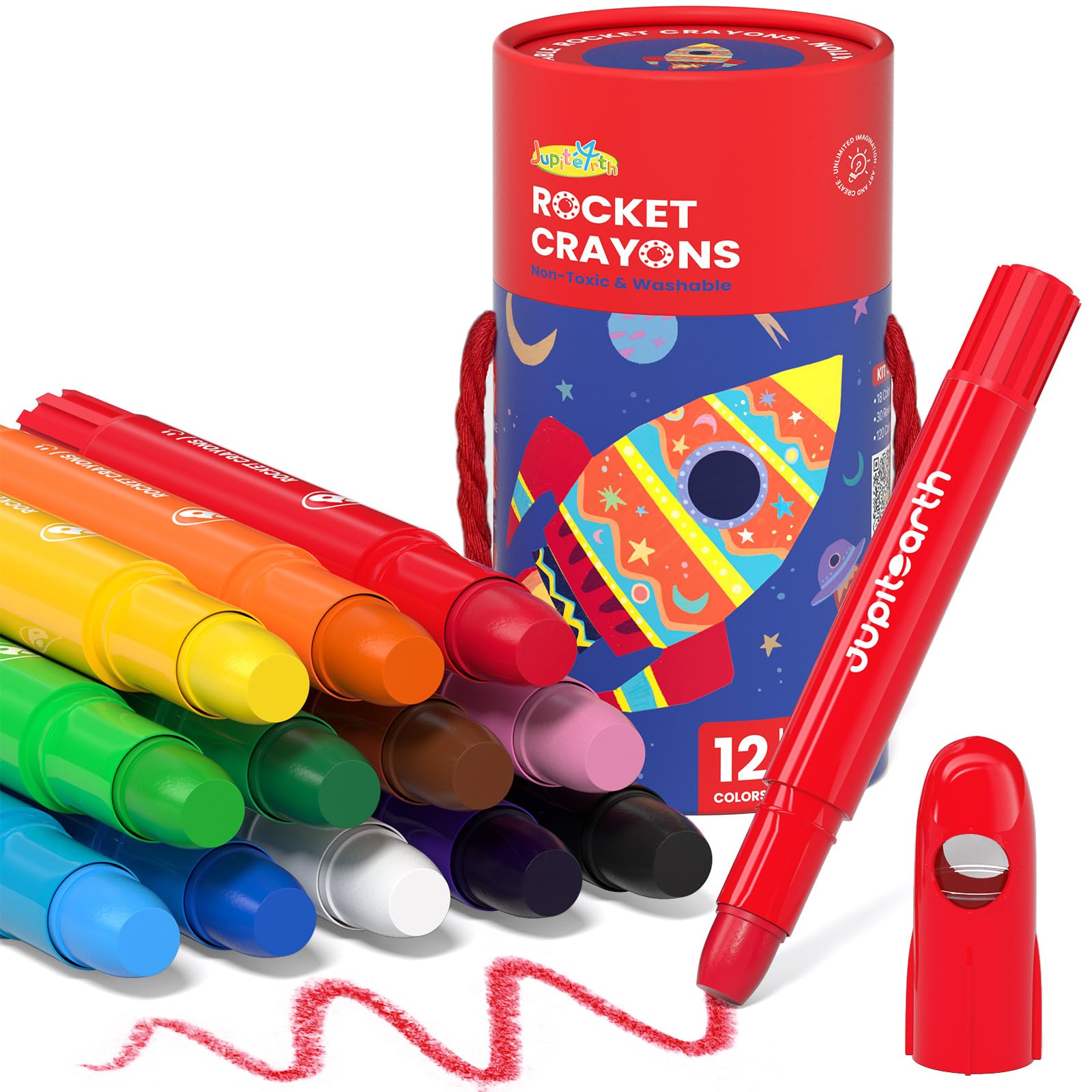 JUPITEARTH 12 Colours Twistable Rocket Crayons for Toddlers Aged 13,Non-Toxic Washable Crayons for Children 48 with Storage TubSmooth,Easy-Grip Art Supplies,Perfect Colouring Gift for Boys&Girls