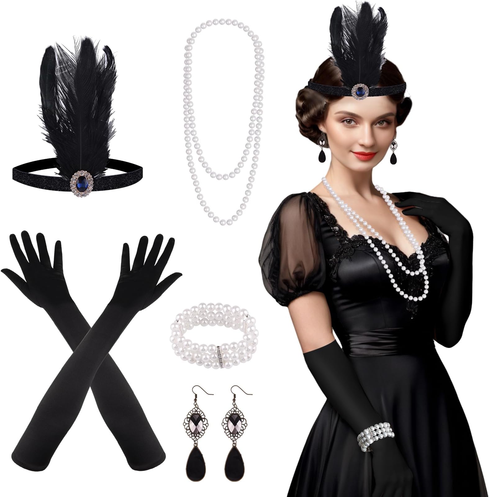 1920s Accessories Set Flapper Headband Necklace Earrings Long Black Gloves Boa Great Gatsby Theme Party Accessories