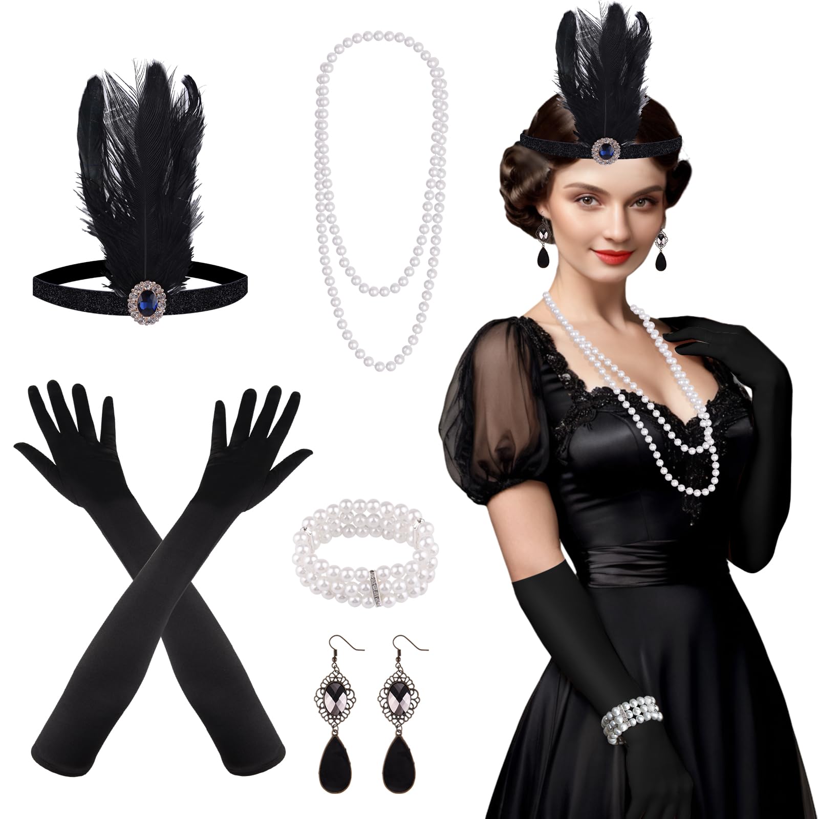 FEPITO Set di accessori da donna con fascia, collana, orecchini, guanti lunghi neri e portasigarette, collant a rete