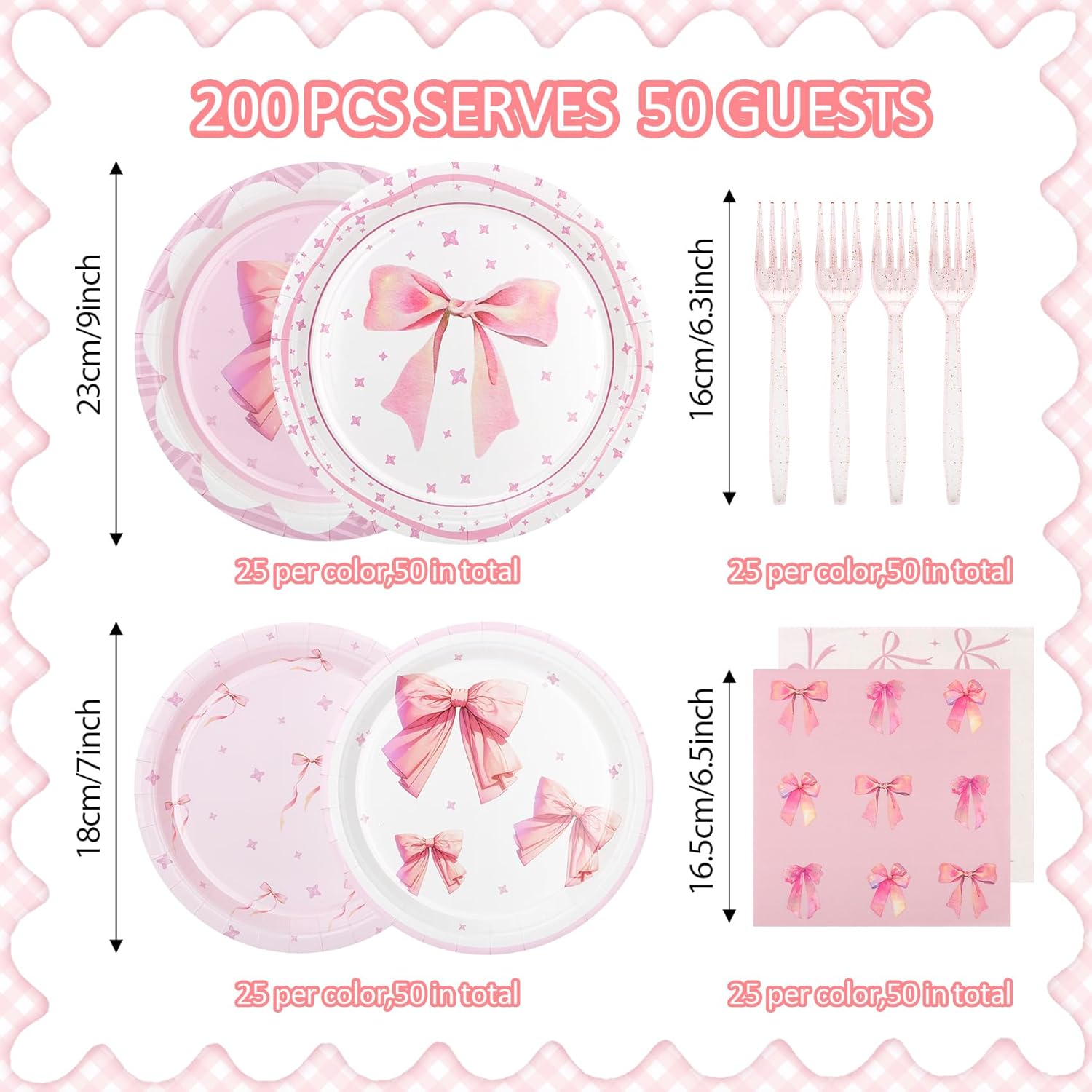 200 Pcs Pink Bow Paper Plates and Napkins,Conquette Birthday Supplies - Plates,Napkins and Forks Tableware for Girls Bachelorette-Serve 50 - Image 3