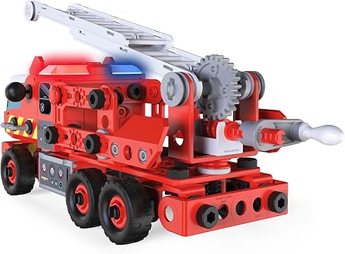Miniatura 6 de Meccano Kit de coche modelo de camión de bomberos (152 piezas) sonido de sirena alimentado por batería, luces y escalera giratoria (mayores de 5