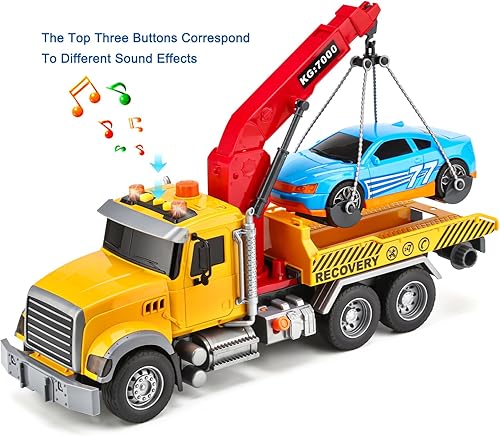 Miniatura 3 de Camión de remolque para niños con auto para niños de 4 a 7 años de edad, camión de remolque grande para niños de cama plana y grúa con sonidos y