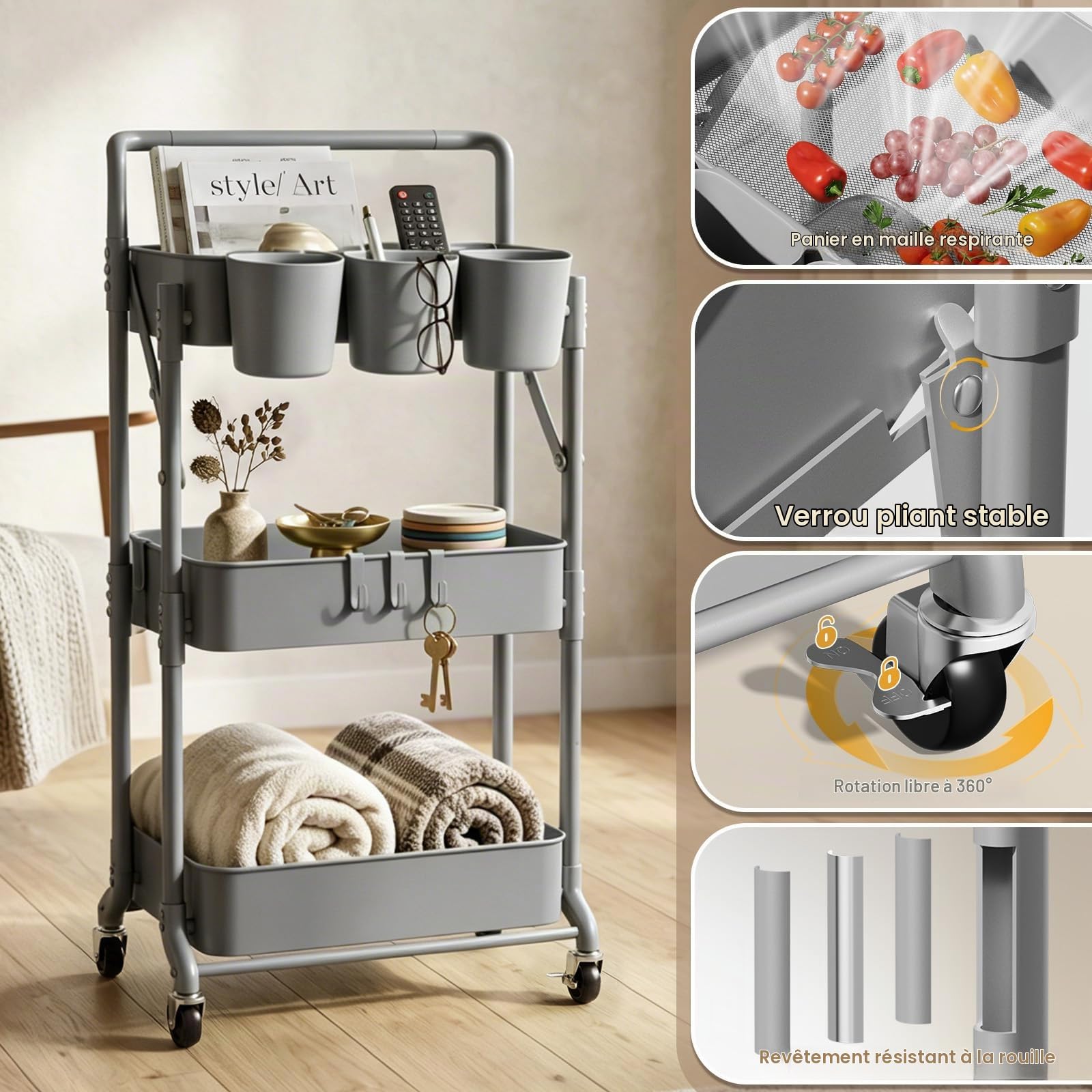 Desserte à Niveaux Aver roulettes Pliante Petit Multifonction Chariot De Rangement pour Cuisine/Buanderie/Salle De Bain/Esthetique (Gris)