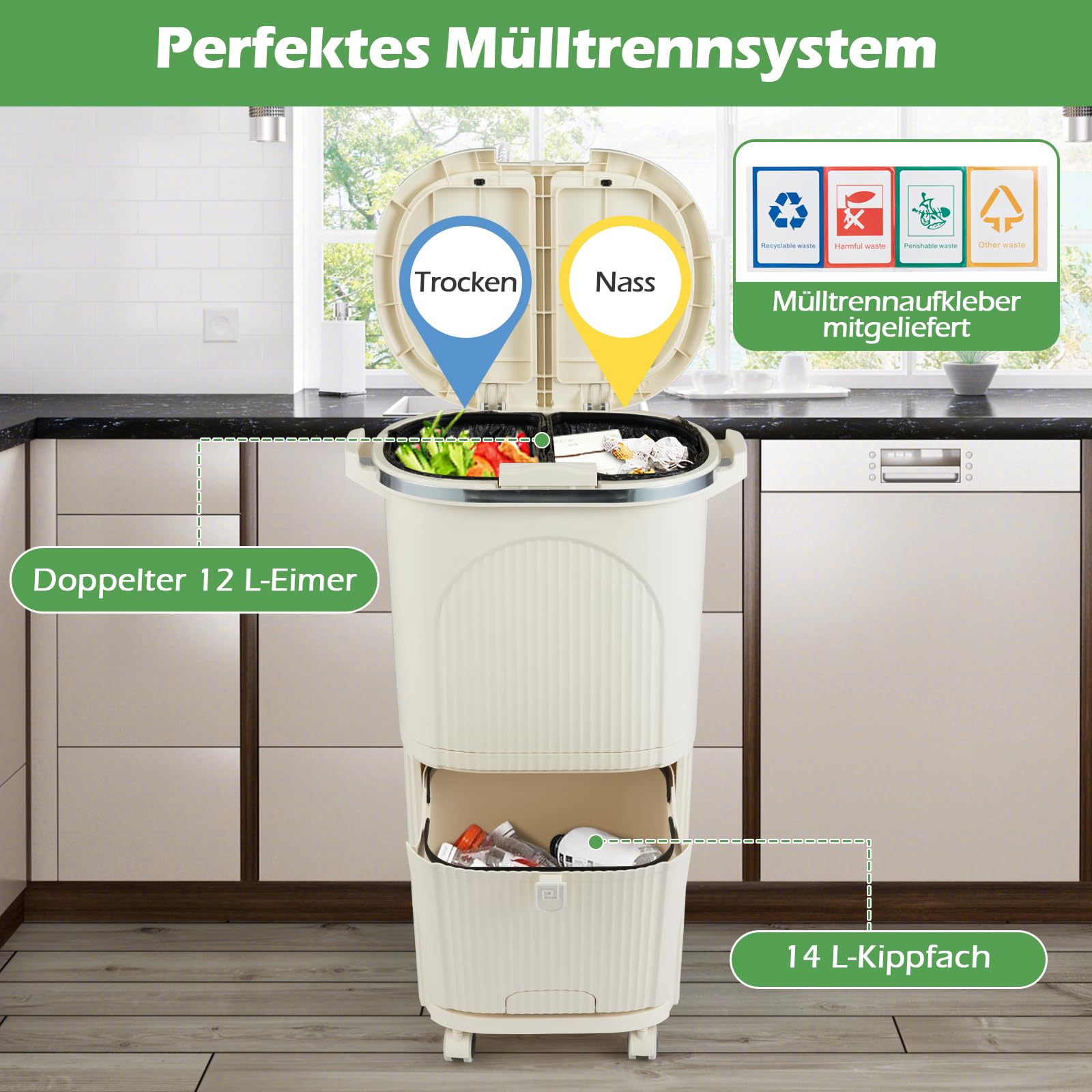 COSTWAY Mülleimer Küche, Mülltrennsystem 3 Fächer, 2 x 12L Inneneimer & 14L Treteimer, Abfalleimer mit Rollen, Doppeldeckel, Pedal & Haken, Tretmülleimer Abfallsammler für Küche, Bad, Büro (Beige)