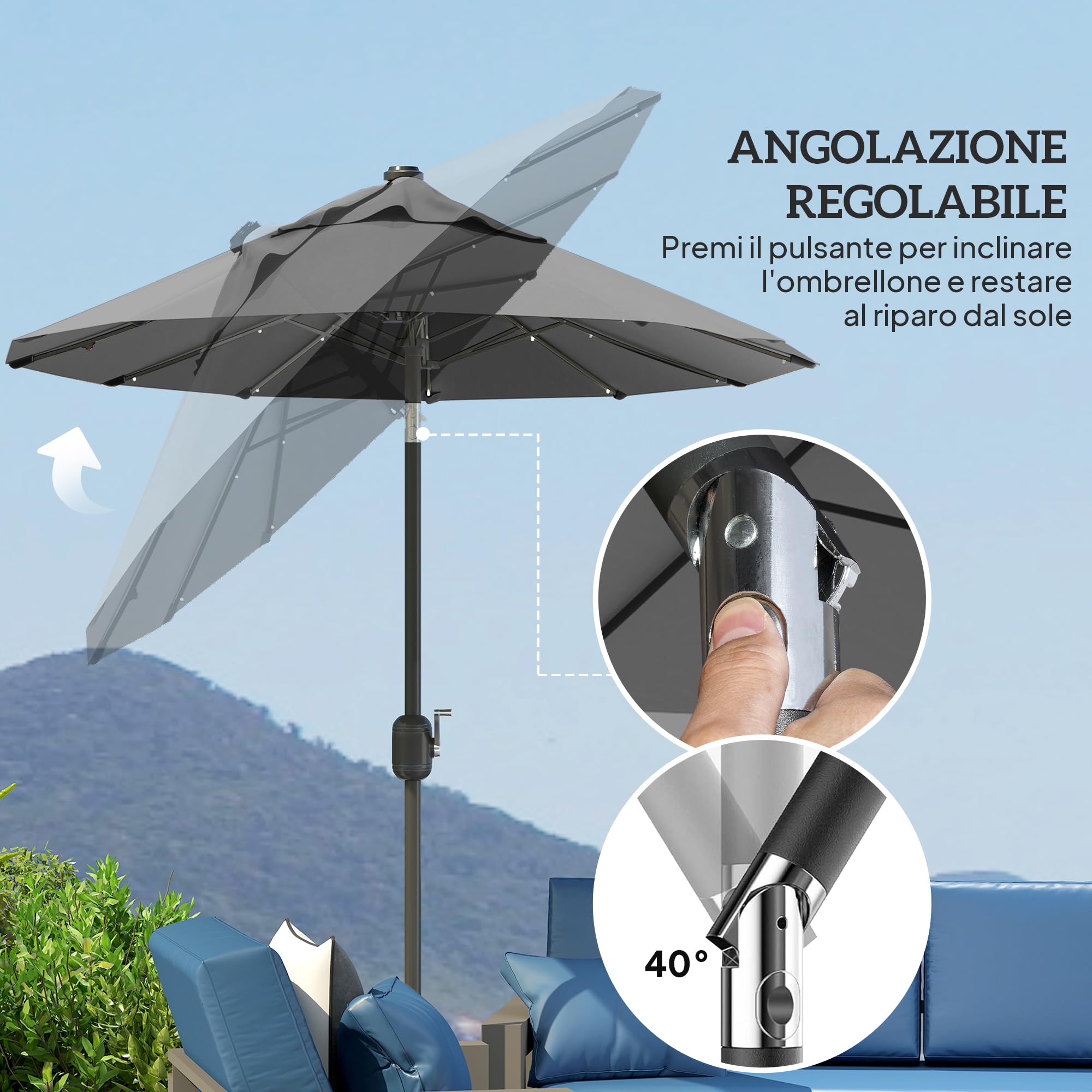 Outsunny Ombrellone da Giardino Doppio Inclinabile 295x150cm LED Grigio | con Manovella, Base a Croce, Prese d'Aria, 12 Stecche in Acciaio e Poliestere, per Giardino Terrazza Balcone