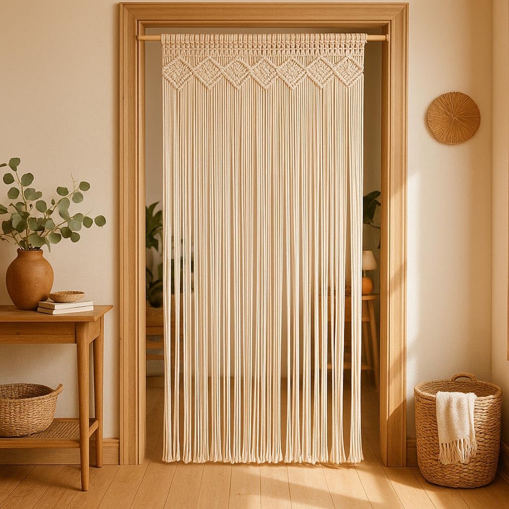 Kobolo Türvorhang Twine 95x200/220 cm beige, Makramee Vorhang mit 132 Strängen je 0,5cm, dekorativer Boho Wandbehang, Raumteiler & Insektenschutz, lichtdurchlässiger Fadenvorhang, Fenstervorhang