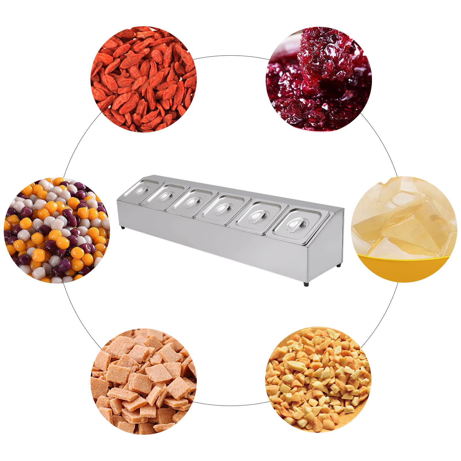 Contenitore per ingredienti in acciaio inox, contenitore con 6 contenitori, capacità per contenitore: 2 l, piedini in gomma antiscivolo, coperchio per ristoranti, negozi di tè al latte