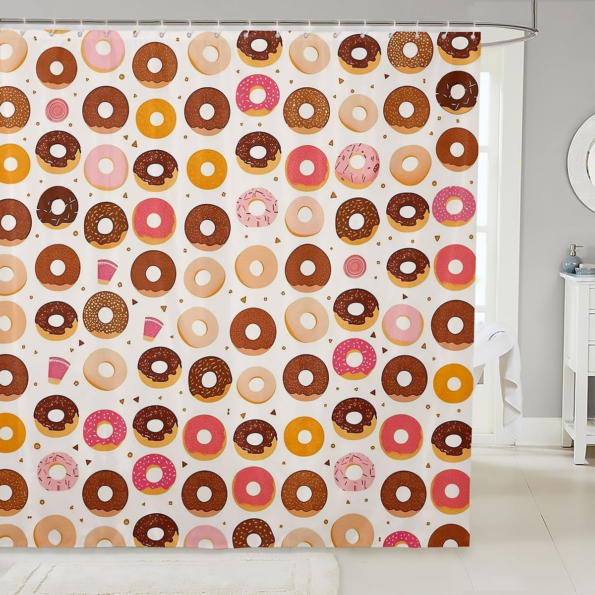 Girls Sweet Donut Shower Curtain Pink Brown Dessert Themed 72" W X 72" L Fabric Shower Curtain,Cute Donut Food Painting Bathroom Shower Curtain Sets,Geometric Triangle Waterproof Bathroom Curtains