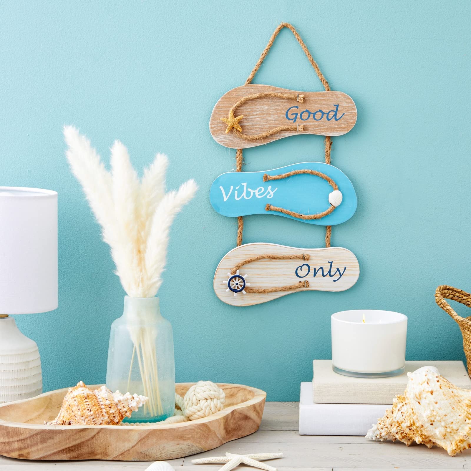 Juvale Good Vibes Only Sign Wooden Flip Flop Beach Decor, Nautical-Inspired Hanging Sign for Homes, Summer Displays, Ocean-Themed Residences, Vacation Properties, Office Spaces (9x12 in)