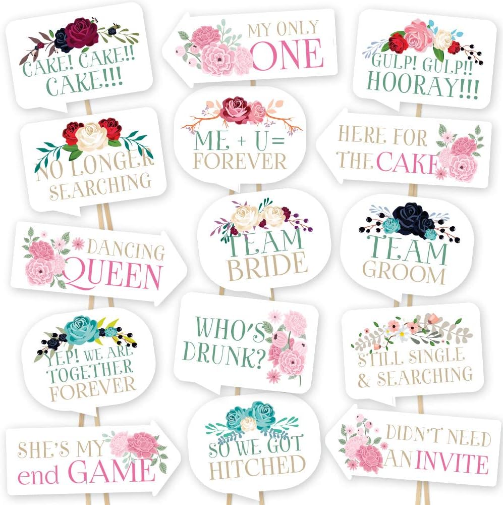 Wedding Photo Booth Props By PartyGraphix - Wedding Party Supplies - Floral Wedding Photo Booth Signs - Wedding, Bridal Shower Party Decorations - Easy To Assemble Selfie Props Wedding Kit 15 Pieces