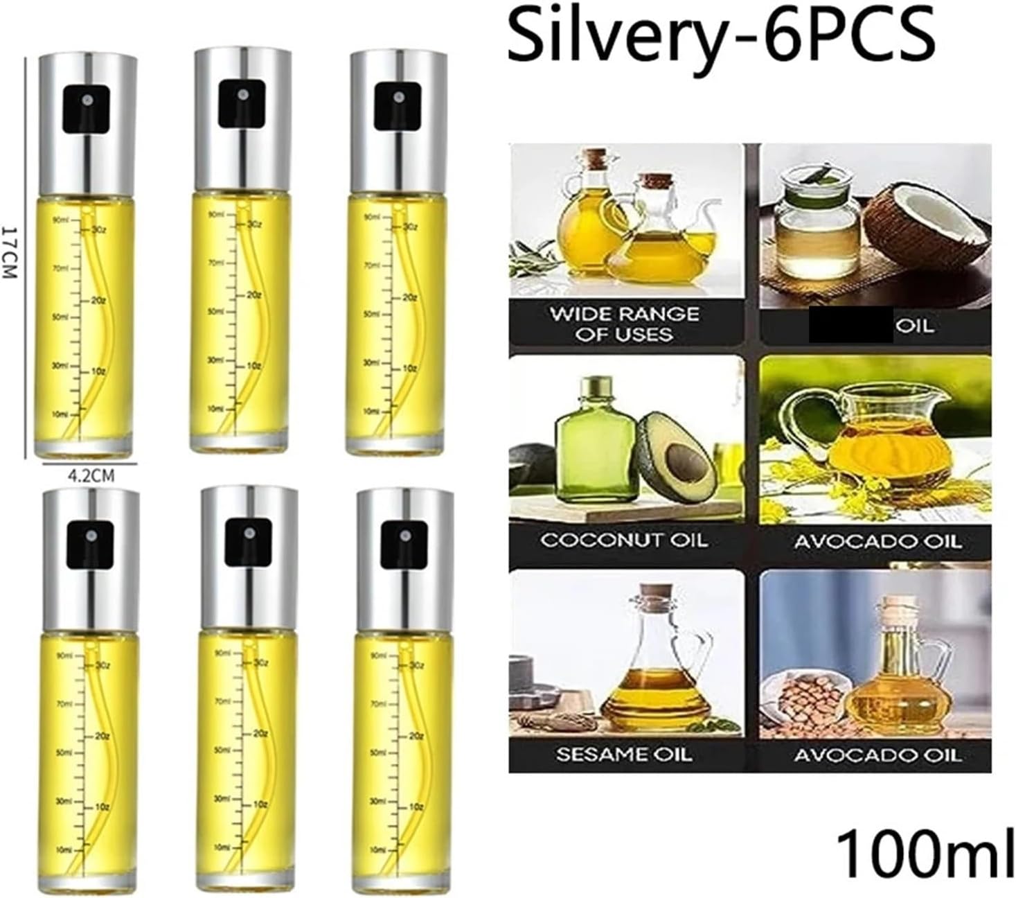 Oil Spray Bottle, Glass Oil Sprayer For Cooking Spray Mister For Salad BBQ Kitchen Baking Empty Vinegar Bottle,for Salad Making, Baking(Silvery-6PCS)