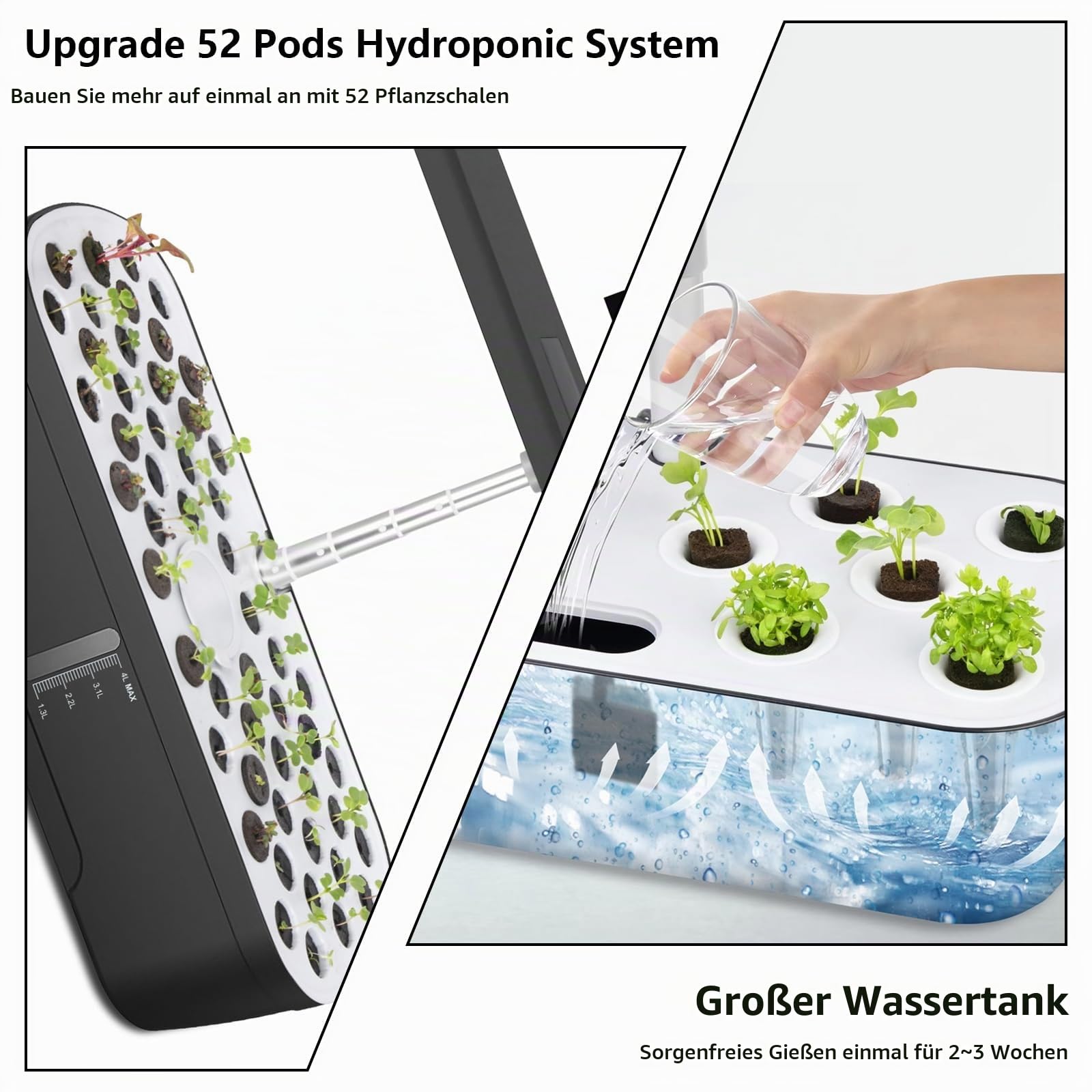 Hydroponisches Anzuchtsystem 52 Hülsen, 24W Vollspektrum-LED Wachstumslampe, 4L Wassertank mit Auto-Timer & Smart Bewässerungssystem, Pflanzenkeimungs Kit für Blumen, Gemüse & Sämlinge