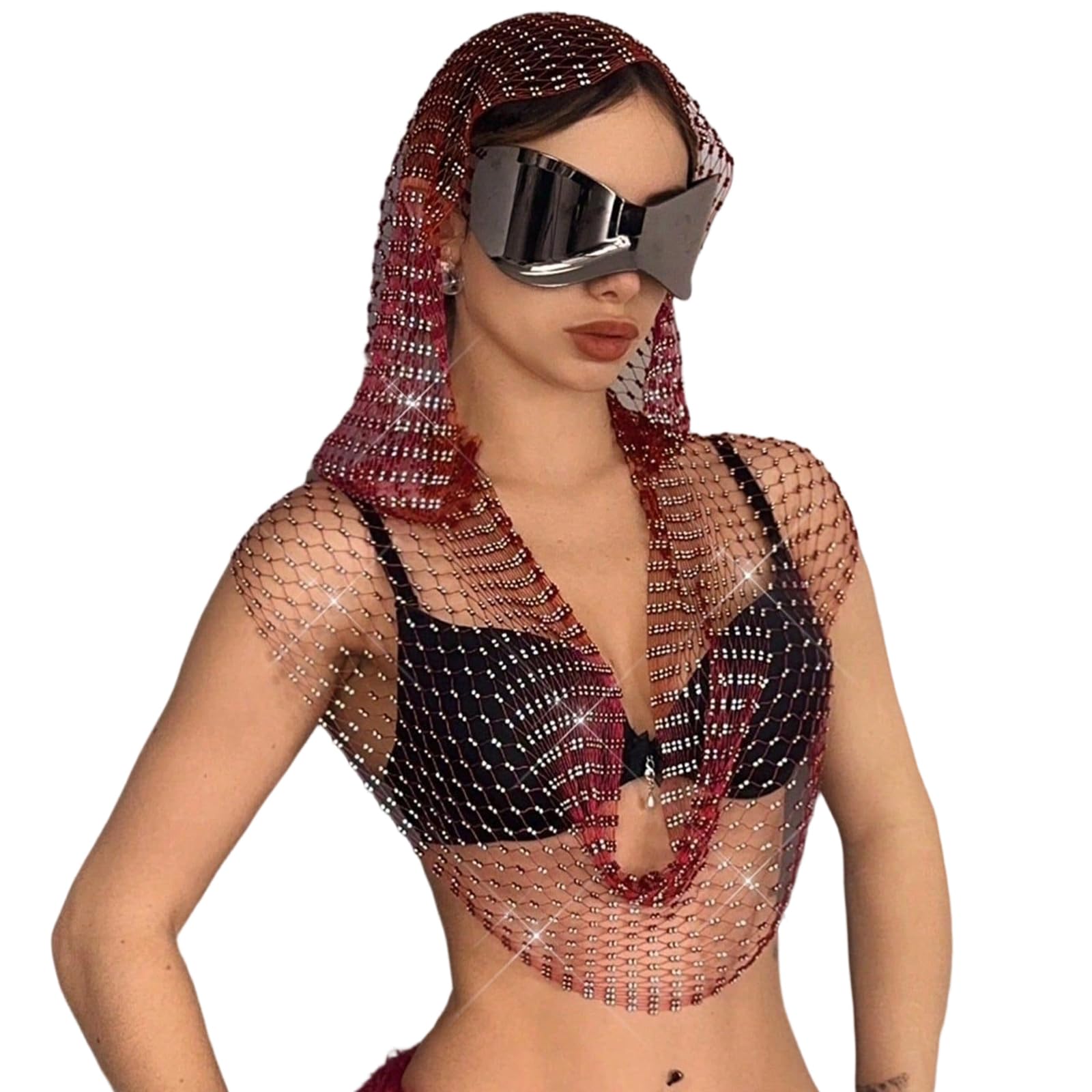 MICFENY Shimmering Hoodie with Rhinestones Decors Fishnets Hooded Cap Hollowed Tanks For Concerts And Daily Night Club Wear