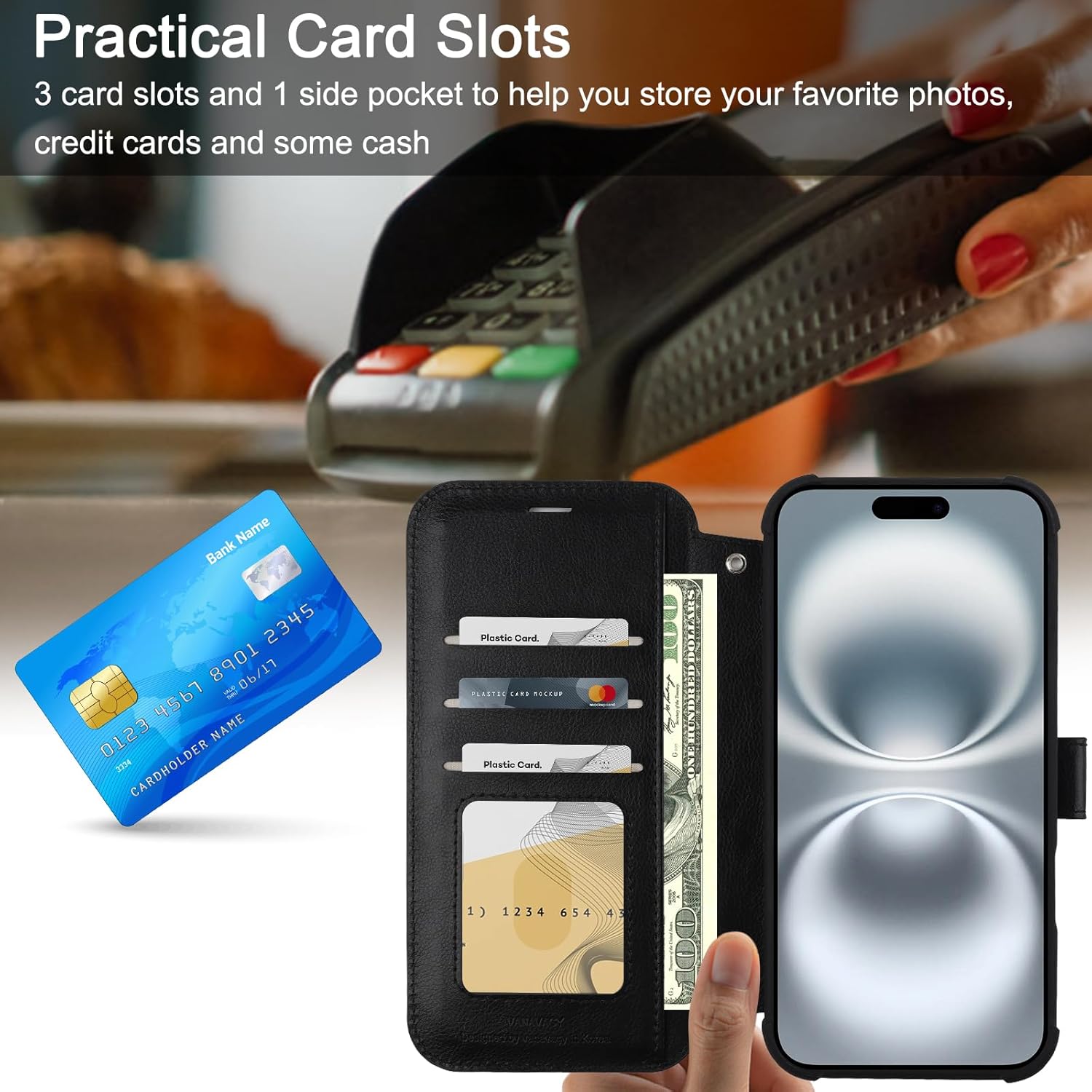 VANAVAGY Compatible for iPhone 16 Wallet Case, PU Leather Folio Flip Cover with RFID Blocking Card Holder Wrist Strap Kickstand for Wireless Charging, [Screen Protector & Camera Cover], Black - Image 5