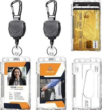 Badge Holder Retractable Clip Heavy Duty Carabiner Badge Reel Keychain with Lanyard ID Cards Holder2 Pack