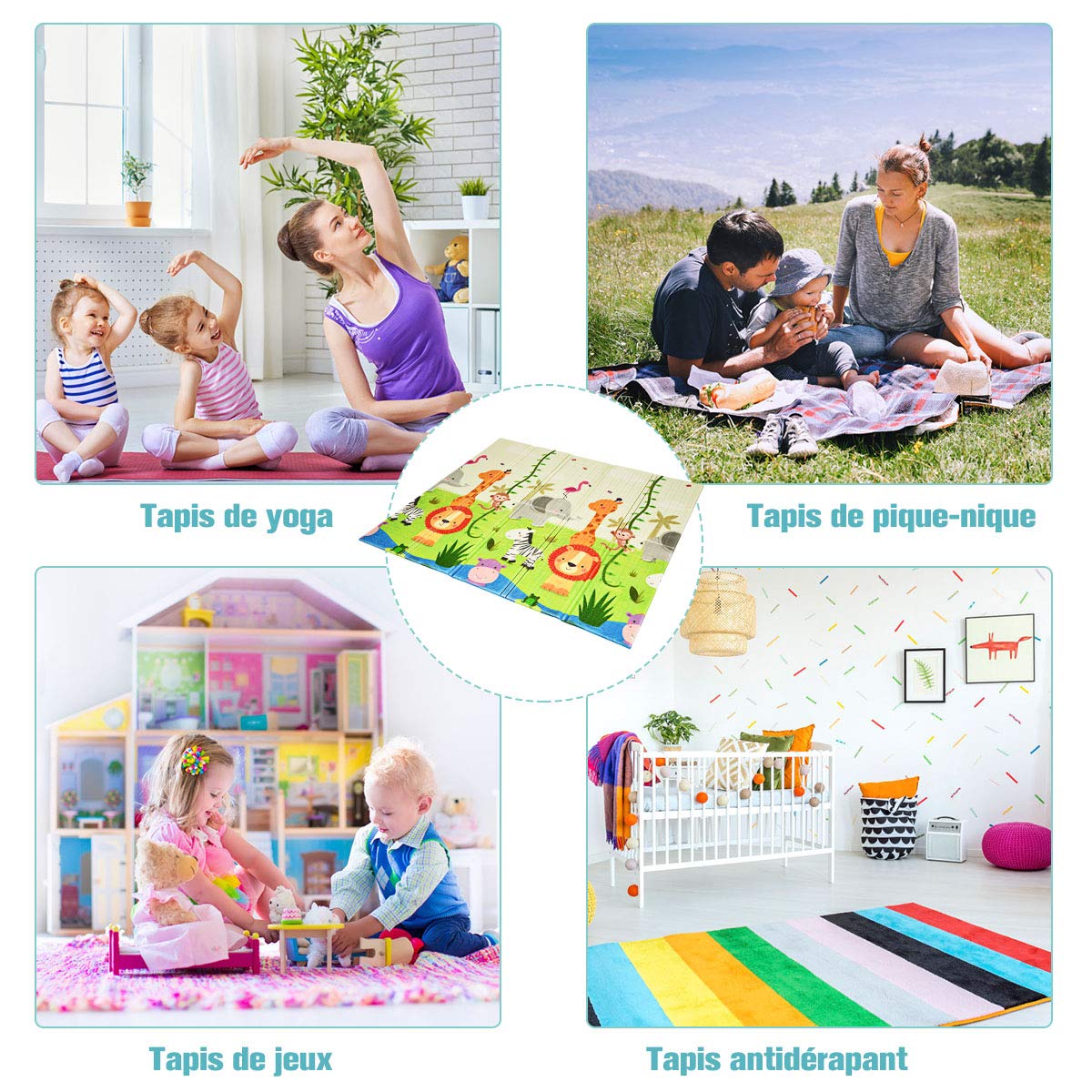 COSTWAY Tapis de Jeu Bébé Pliable 200x180x1,4cm avec Sac de Transport, Tapis de Sol XXL en XPE Imperméable et Réversible avec Motif Lion, Tapis d'éveil Double Face