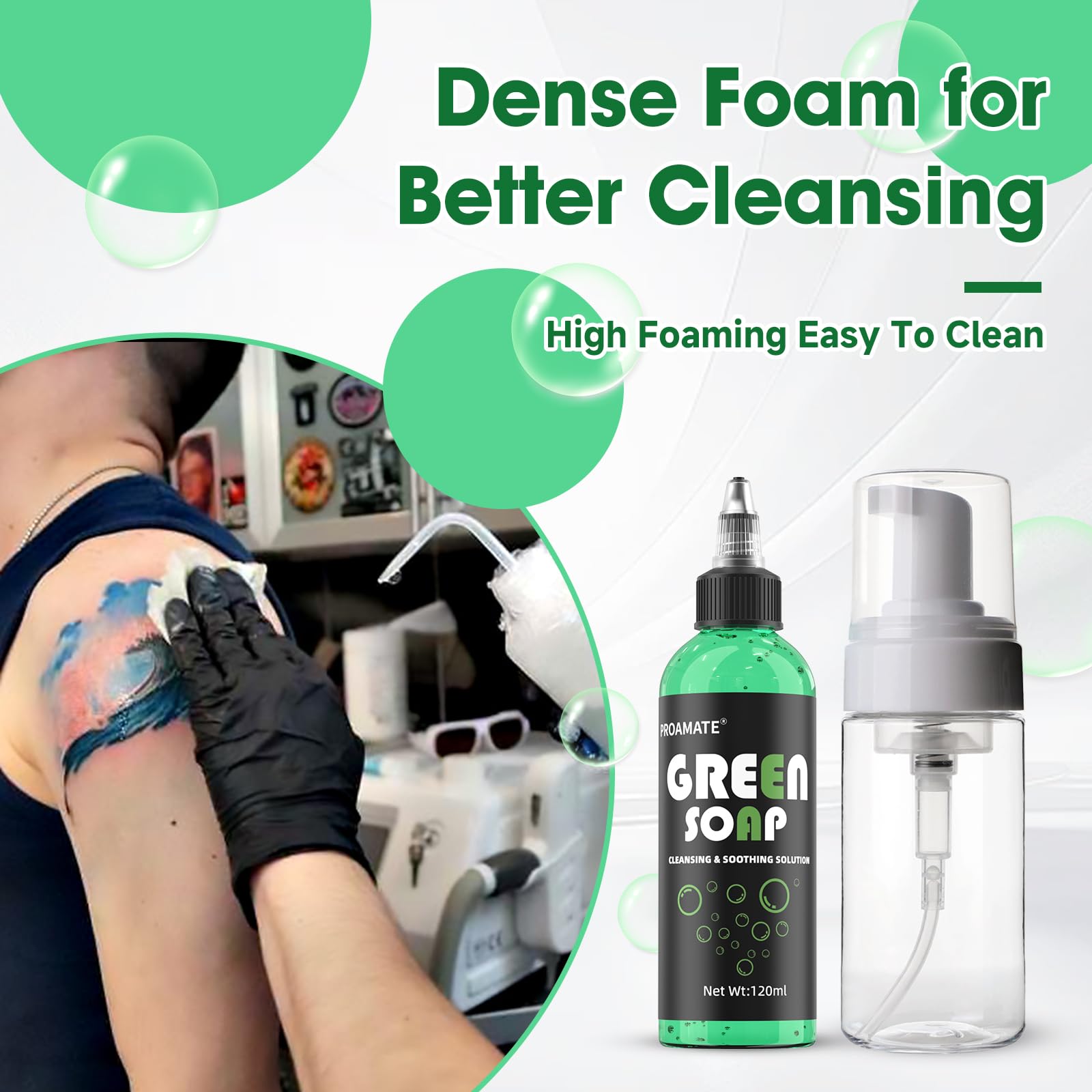 proamate Green Tattoo Soap 4OZ with Foaming Bottle 120ml, Tattoo Supplies for Tattoos Piercings Clean Skin Equipment - Image 3