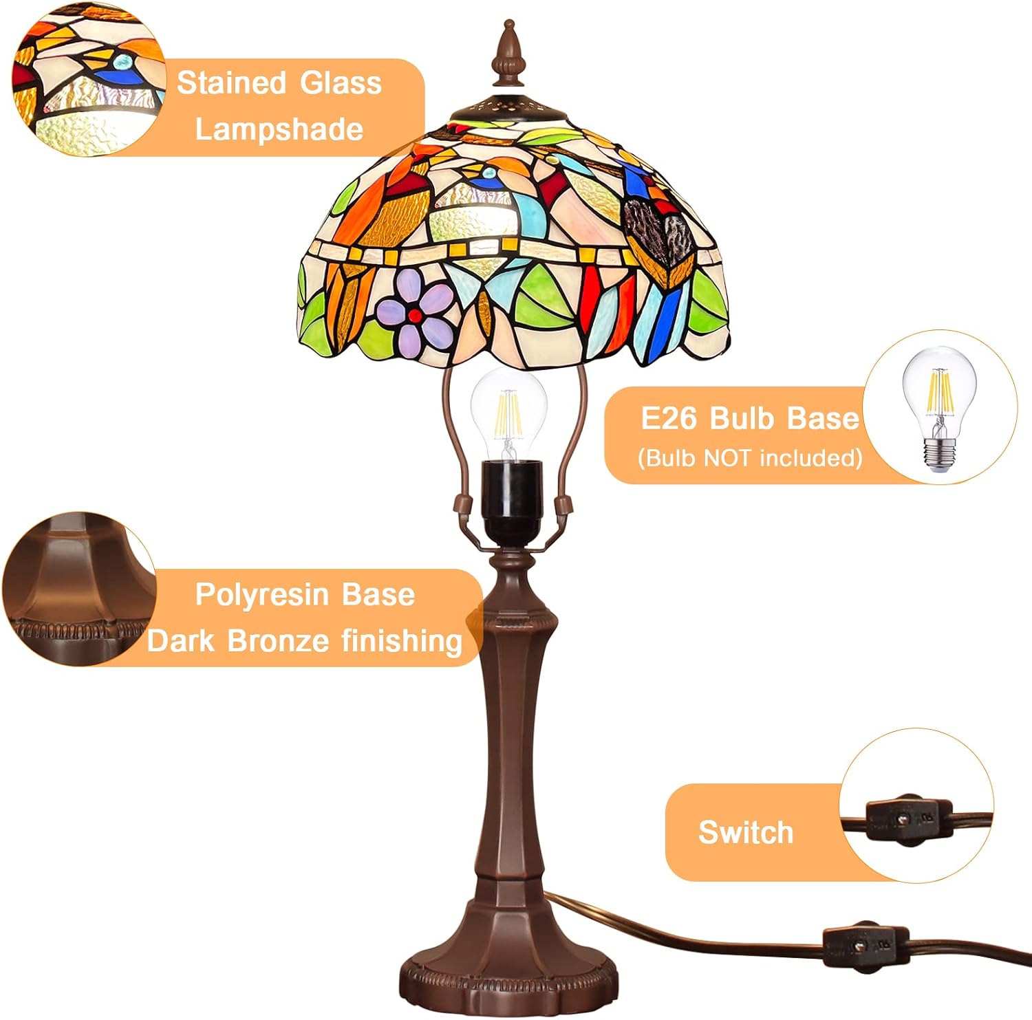 Capulina Tiffany Lamp Stained Glass Table Lamp 12x12x20 Inches Cardinal Birds Tiffany Style Desk Reading Lamp Decor for Home Office Bedroom Living Room