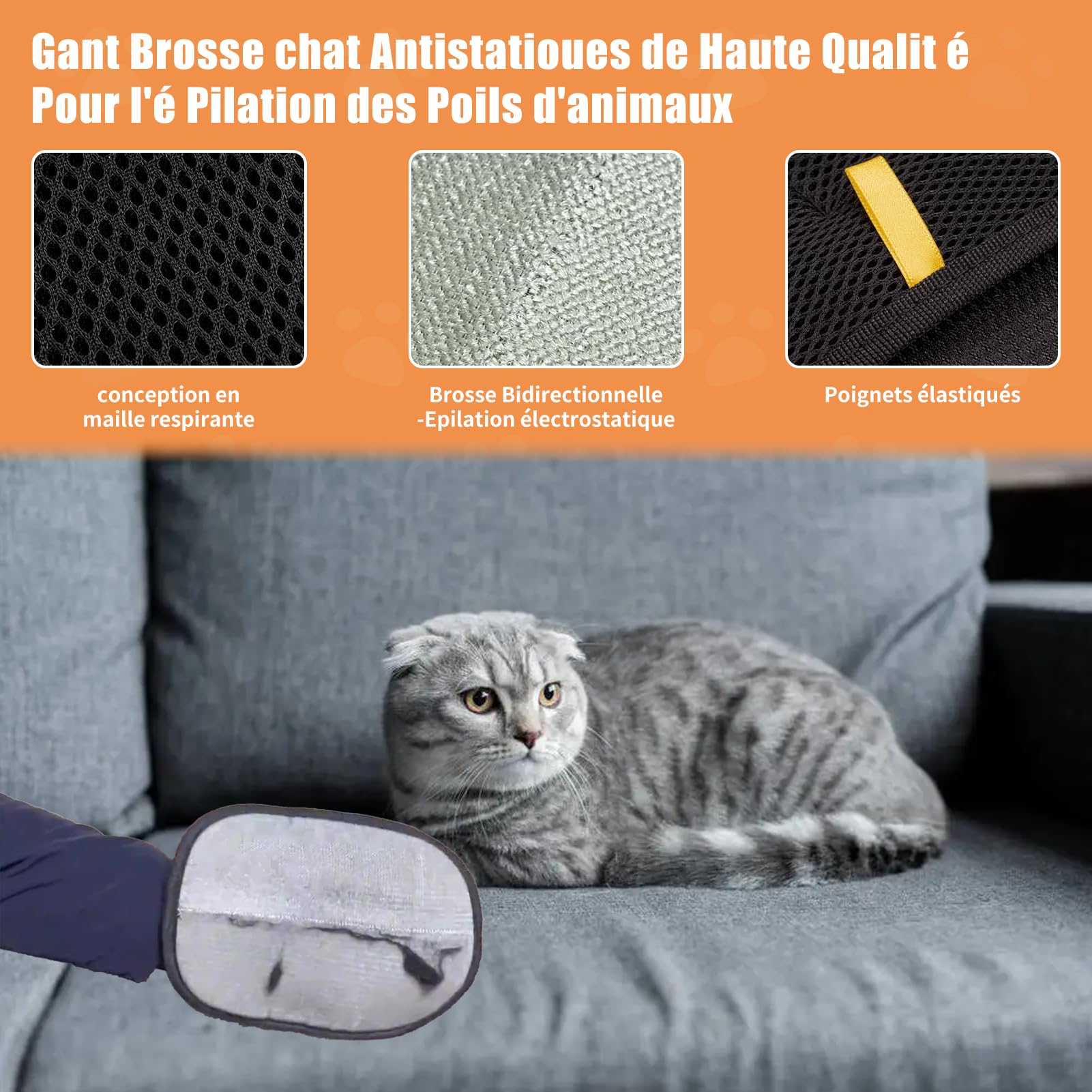 Zovator Lot de 2 gants d'épilation pour chats et chiens, gants de toilettage double face, réutilisables, pour canapé, voiture, meubles