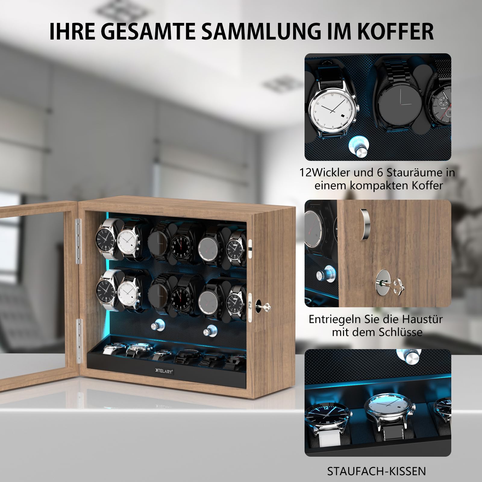 XTELARY Remontoir Montre Automatique, Watch Winder Remontoir de Montre pour 4/6/8/12 Montres avec rangements supplémentaires pour Montres Boîte à Montre