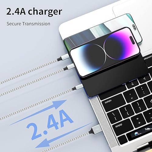 Miniatura 4 de Cable de carga múltiple (paquete de 2 unidades de 4 pies), cargador multiUSB 3 en 1, cable de carga rápida trenzado de nailon con tipo C, micro USB,