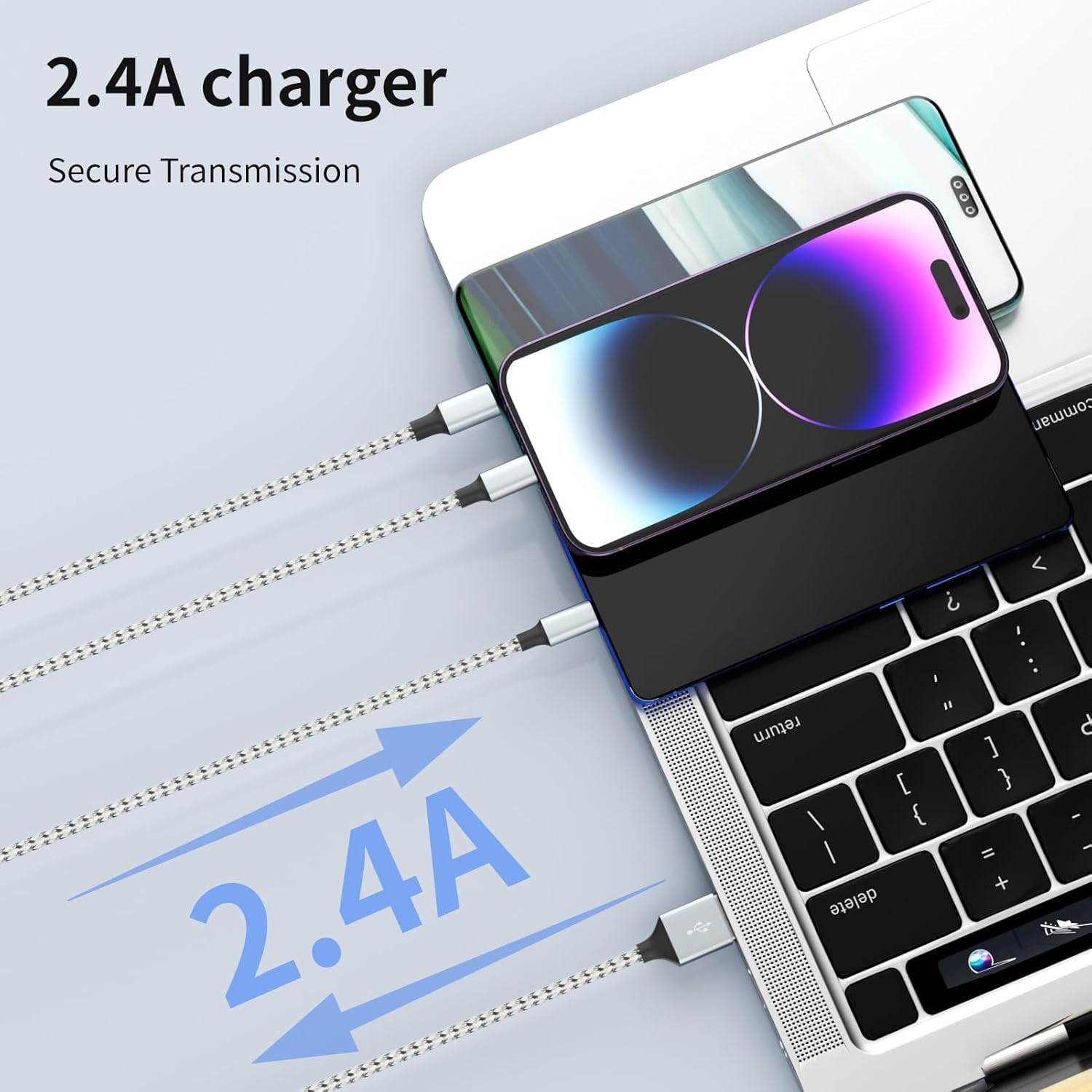 Multi-Ladekabel, 2 Stück, 1,2 m, Multi-USB-Ladekabel, 3-in-1-Ladekabel, Nylon, geflochtenes Schnellladekabel mit Typ-C, Micro-USB, Lightning, IP-Port für die meisten Handys/iPads/iPhones/Tablets