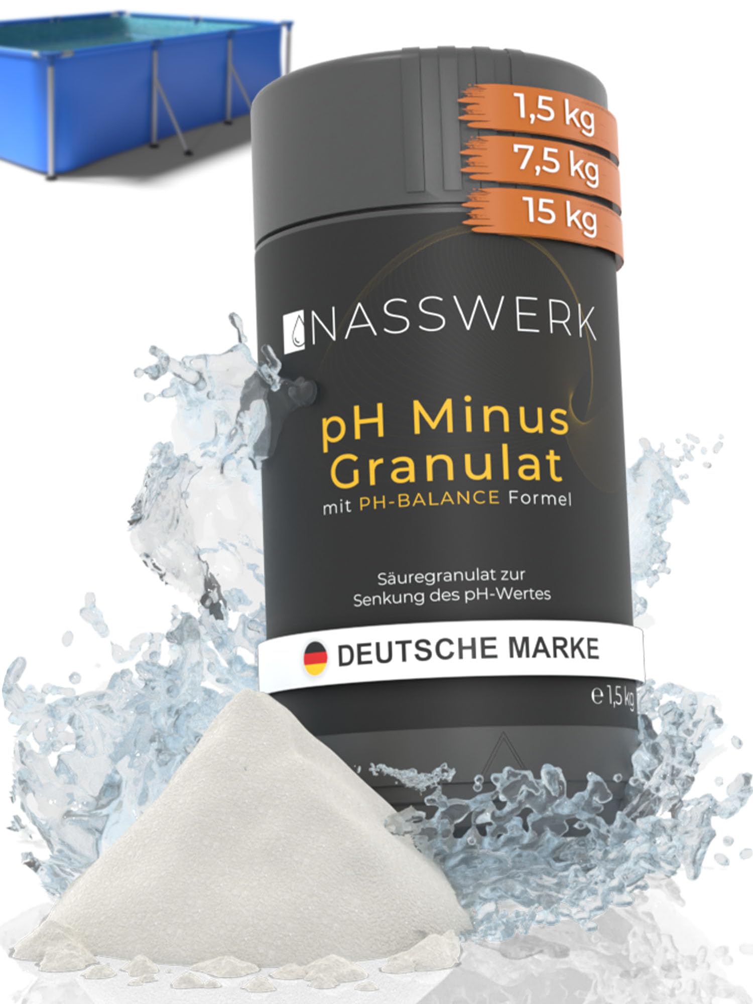 NASSWERK pH Minus Granulat 1,5kg | Organisches pH Minus Pool Granulat zur pH Wert Regulierung | pH Senker Pool & Whirlpool | pH-Minus Granulat hocheffektiv | pH Down Pulver zur pH-Wert Korrektur pH-