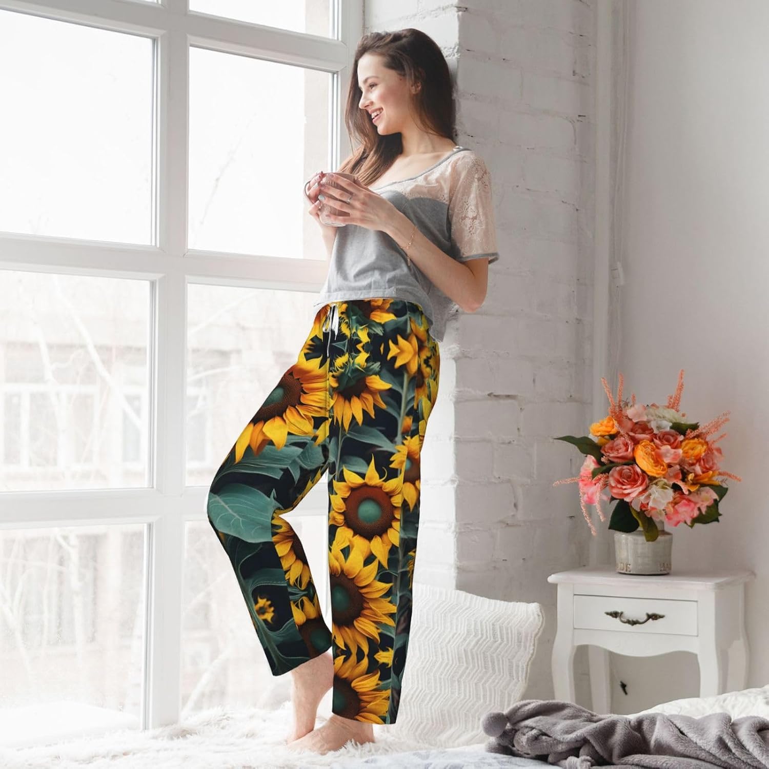 Wild Flower Sunflowers Print Cozy Christmas Pajama Pants,Flannel Pajama Bottoms,Cater To Various Body Types
