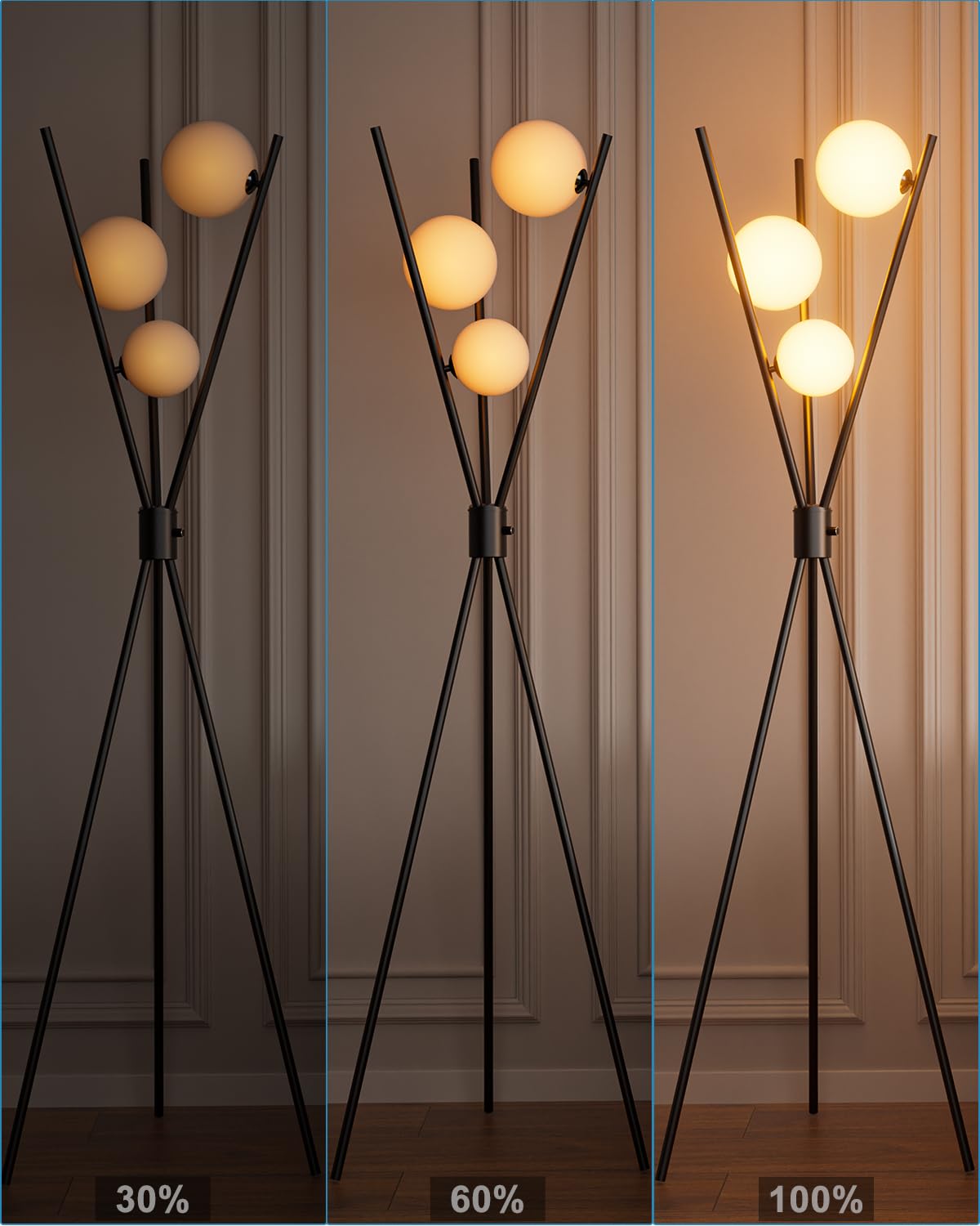 3 globusy ściemniana lampa podłogowa, lampy stojące z połowy wieku z 3 szt. żarówek 3000 K w zestawie, nowoczesna wysoka lampa do salonu, sypialni, biura, czarna