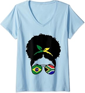 Womens Brazil and South Africa Mix Afro Bun V-Neck T-Shirt