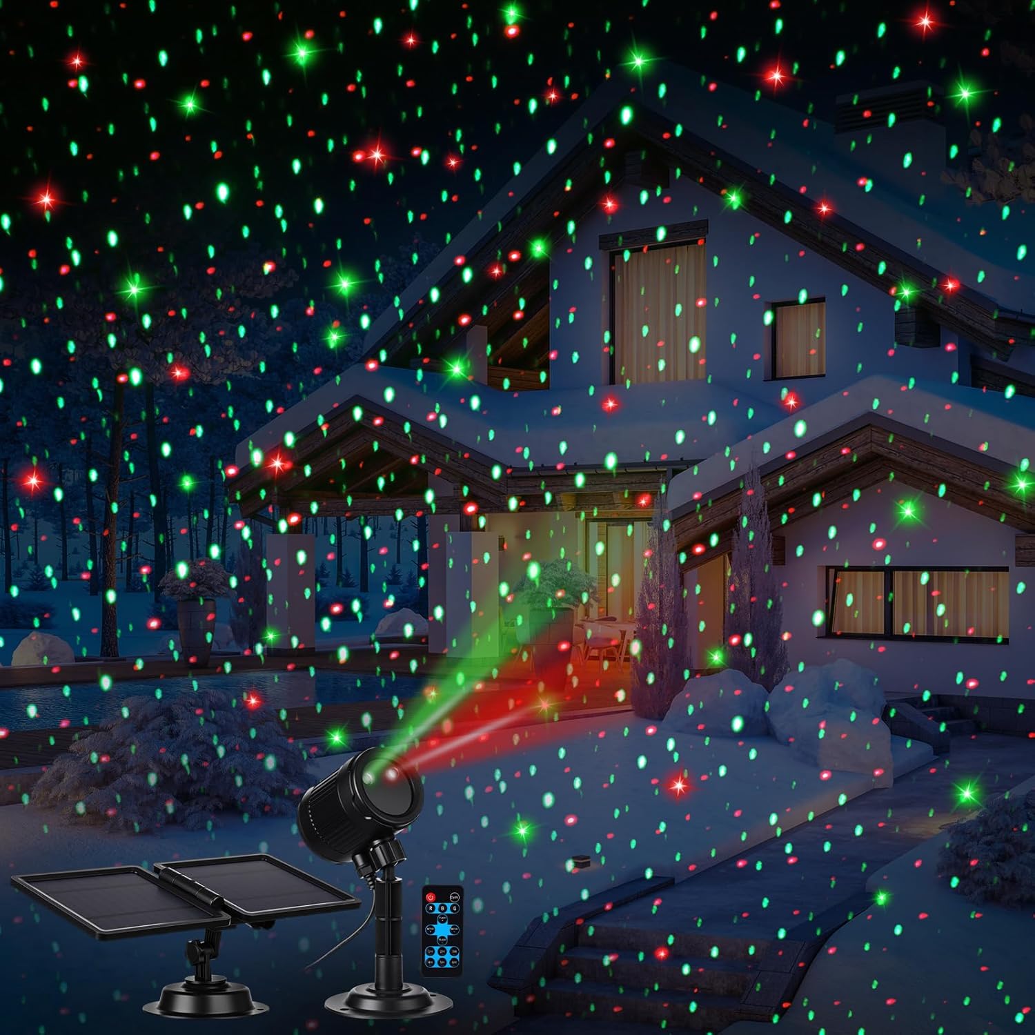 Honoson Xmas Out of doors Laser Mild Projector Waterproof RGB with Distant & Photo voltaic Powered Cost, Purple & Inexperienced Starry Projection, 270° Adjustable, Ip44 Weatherproof for Christmas Events and Gardens