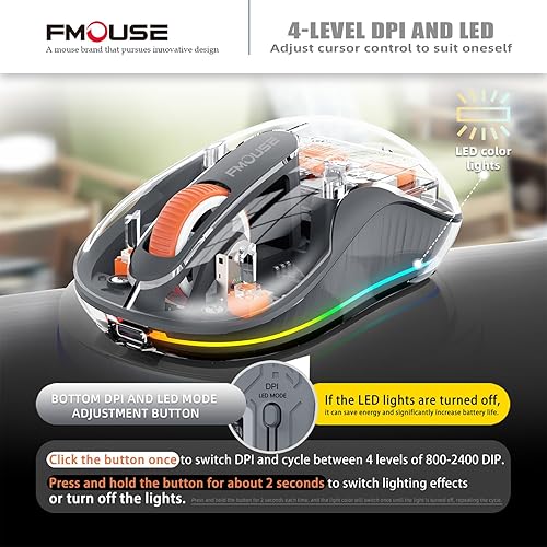 Miniatura 4 de Ratón inalámbrico transparente creativo, Bluetooth dual y 2.4 GHz para múltiples dispositivos, receptor USB-C, ideal para MacBookportátiles,