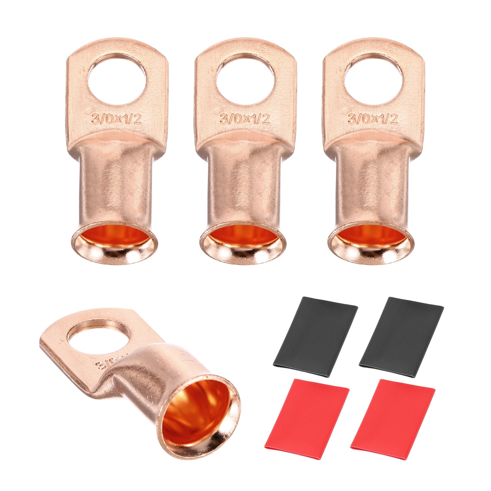 sourcing map 4pcs 3/0 AWG M12 Battery Lugs Ring Terminals, 1/2" 12mm Stud Crimp Wire Terminal Connector End Copper, 3:1 Heat Shrink Tubing, Gold — image 1