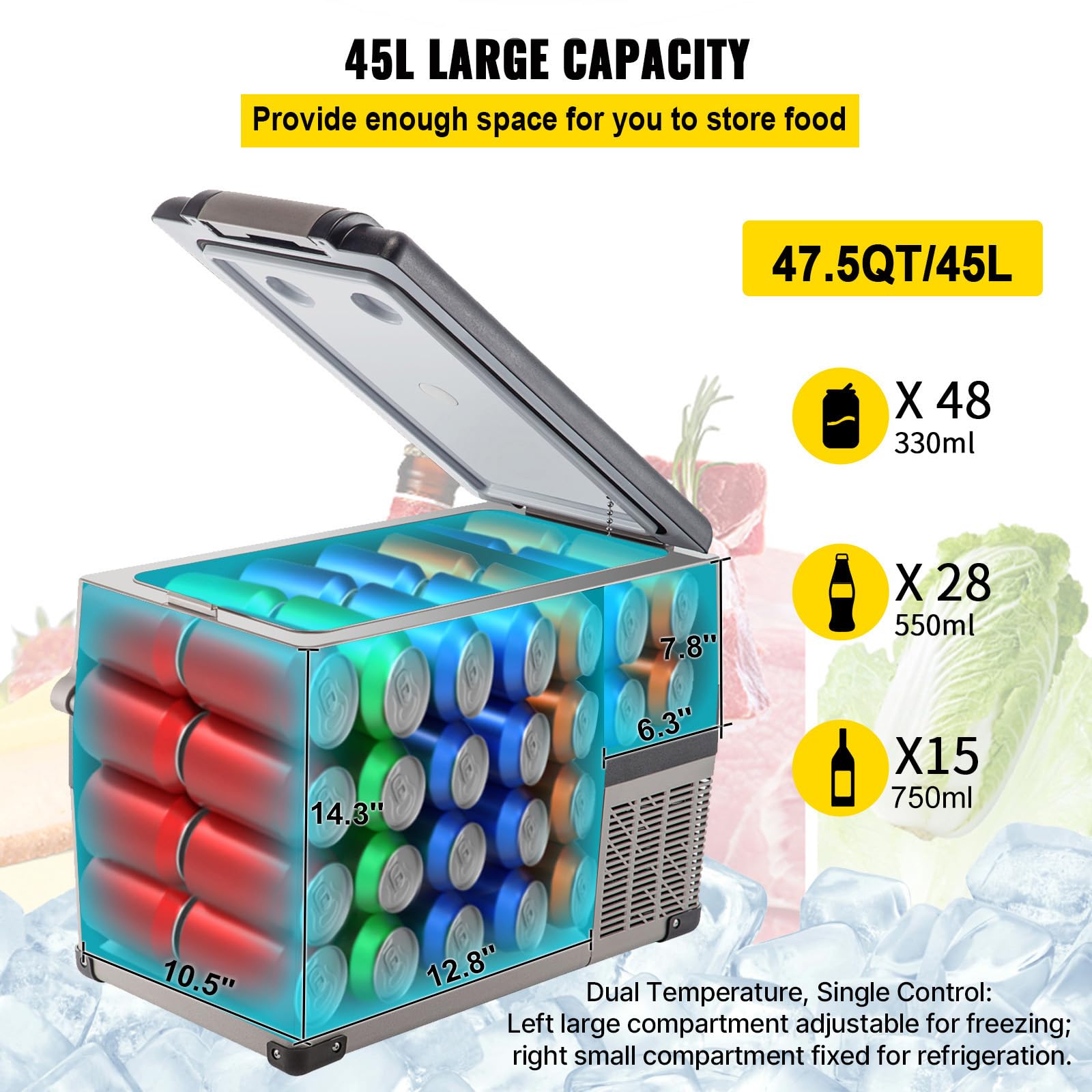 VEVOR Glacière Électrique 45 L Réfrigérateur Portable Compression 60 W 69,3x34,5x45,6 cm