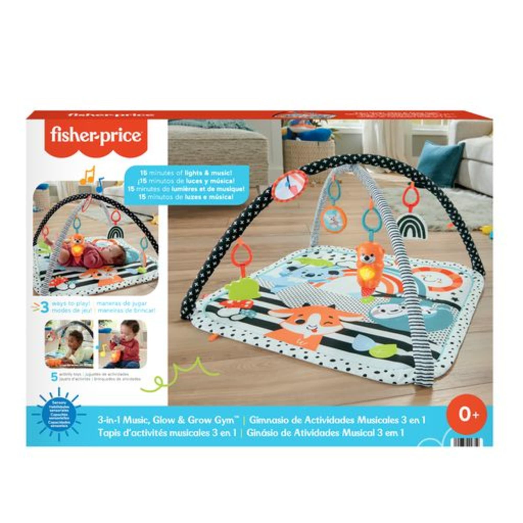 Fisher-Price Alfombra Gimnasio 3 en 1, Estampado animalitos Divertidos, Manta para bebé recién Nacido con Accesorios (Mattel HBP41)