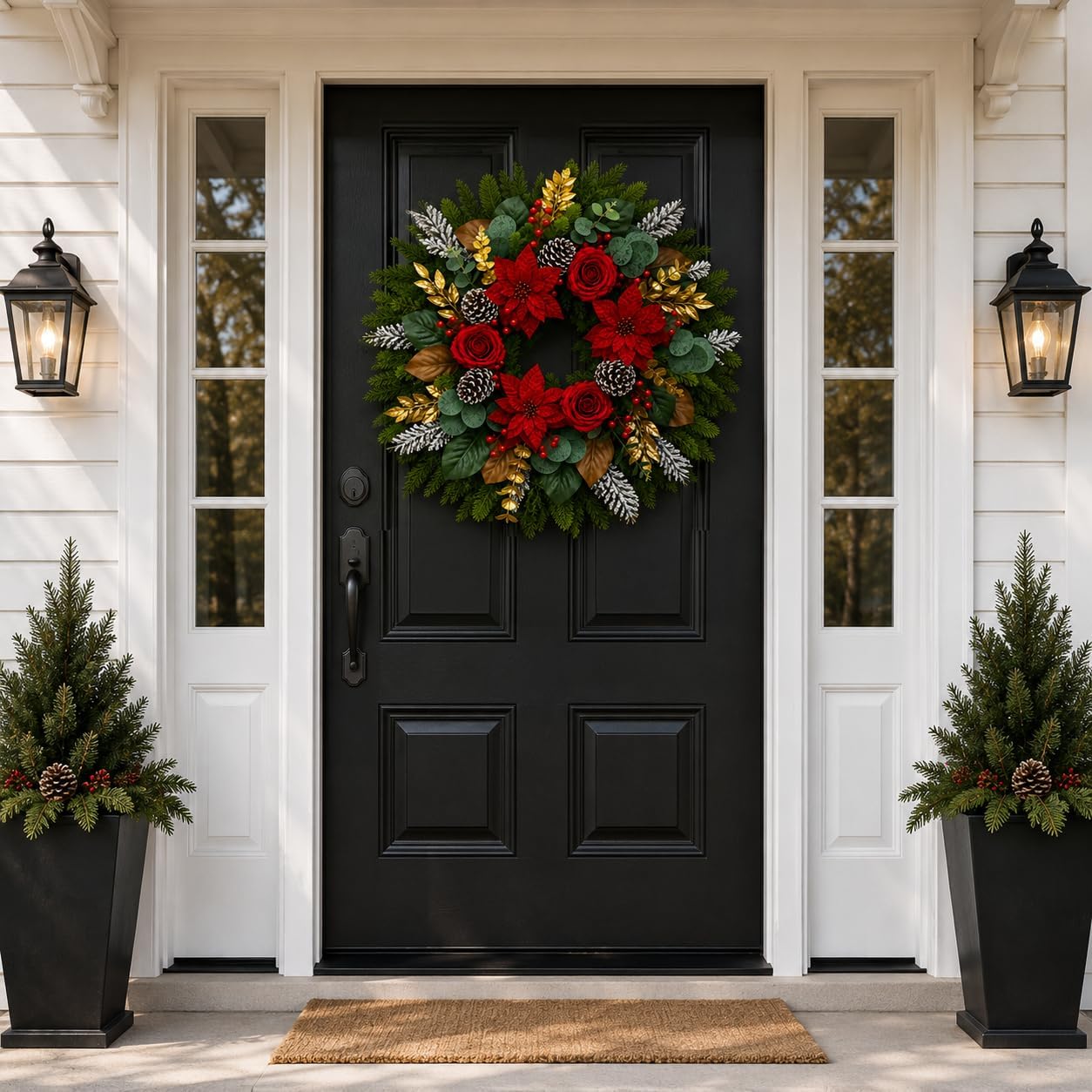 28 Inch Christmas Wreath for Front Door, Red Poinsettia Rose Holiday Wreath
