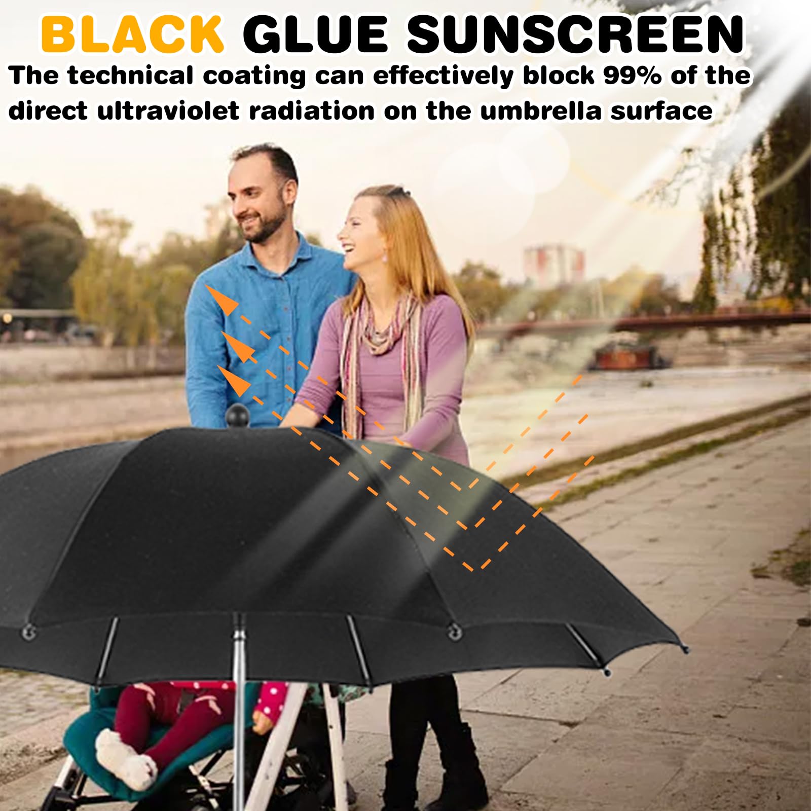 Parasol de Poussette Universel avec Support - 84 cm Diamètre, Protection UV 50+, Rotatif et Inclinable, Noir
