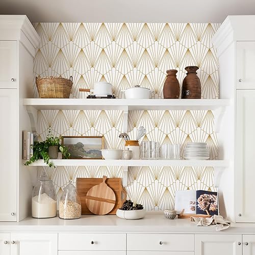 Miniatura 4 de Jeweluck Papel tapiz dorado y blanco para despegar y pegar, papel de contacto geométrico de 17.7 x 118.1 pulgadas, papel tapiz dorado para pegar y