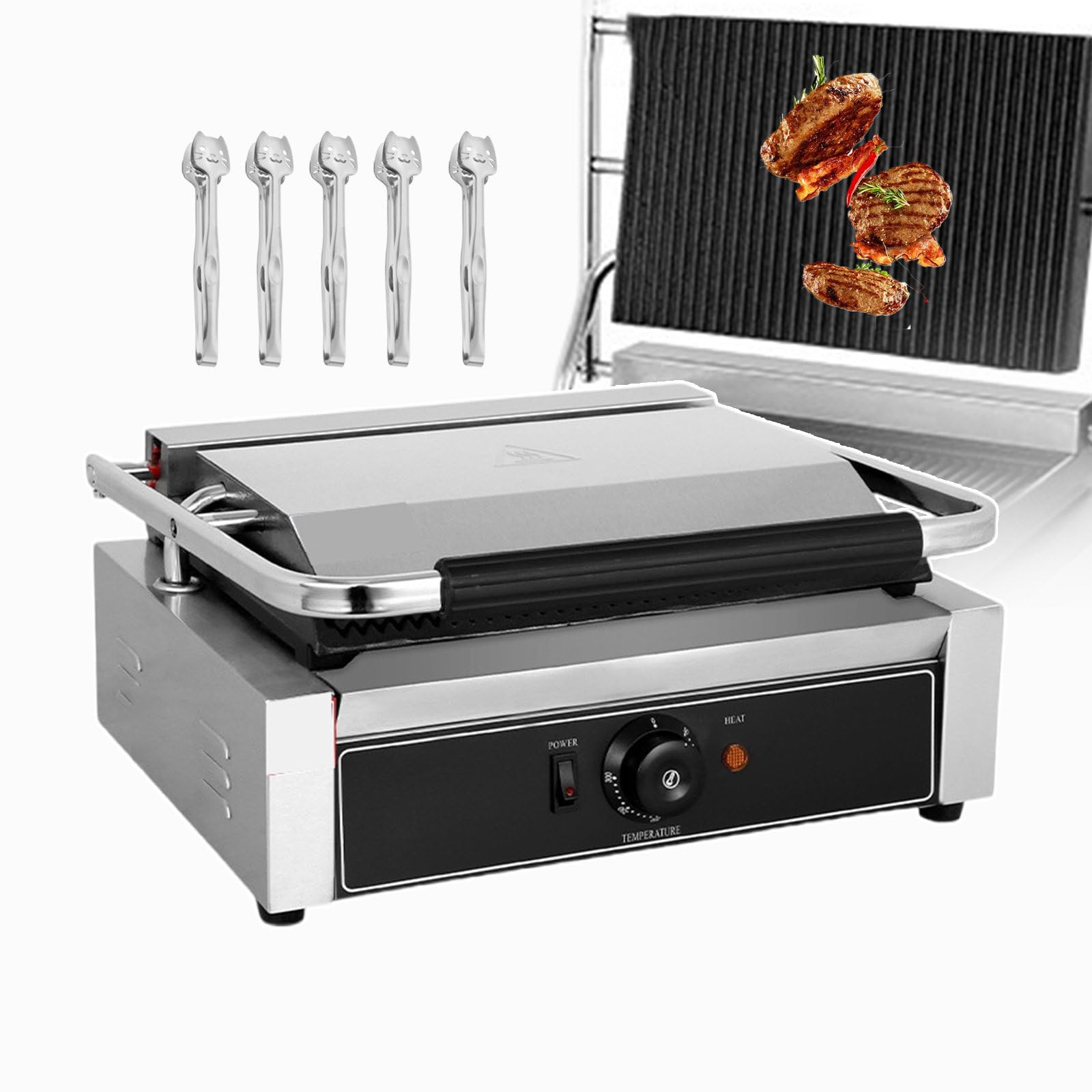 Elektryczny Grill Do Kanapek + 5 Szczypiec Do Grilla, Opiekacz Do Tostów Deep Fill Z Rowkowanym Grillem, Komercyjne Opiekacze Do Kanapek I Prasy Do Chleba, Zakres Temperatur:50~300℃,1800W