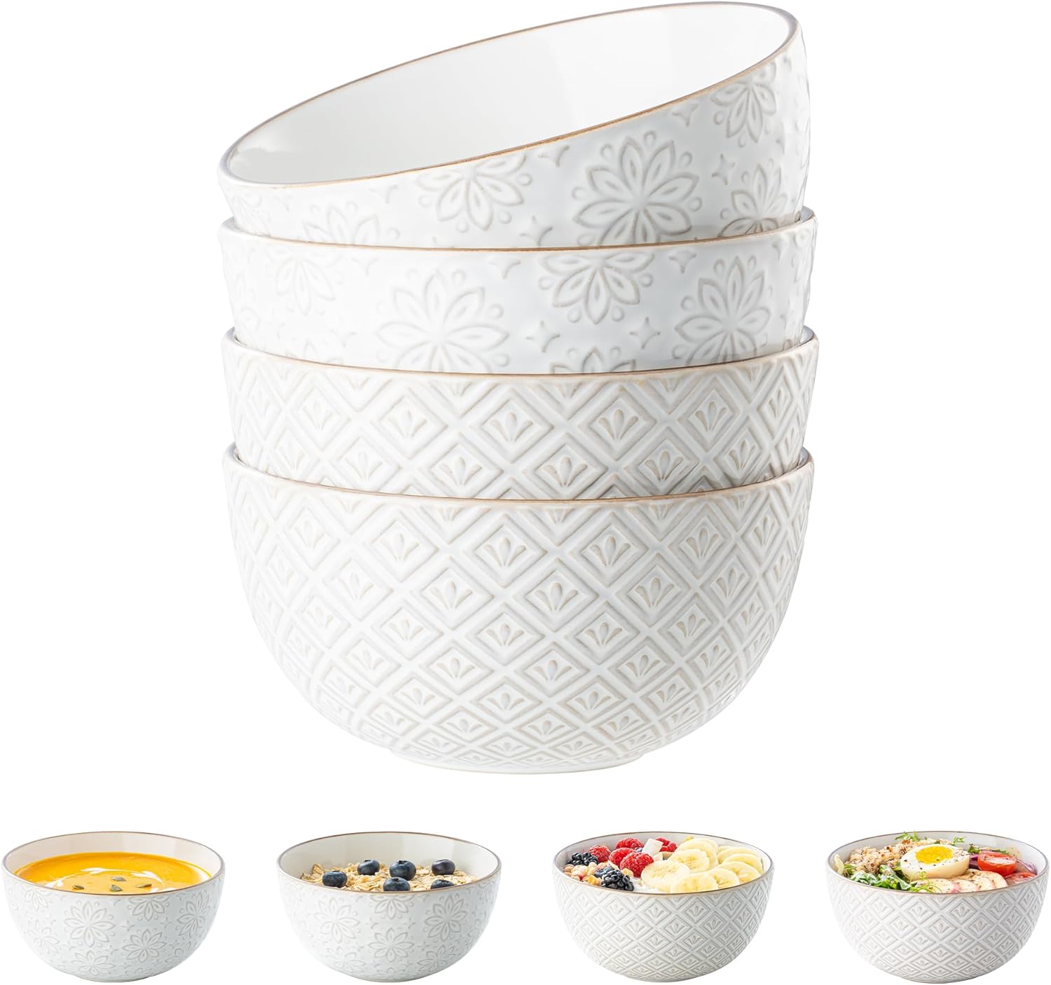 26 oz Ceramic Soup Bowls, Cereal Bowls Set of 4 – Oven & Microwave Safe French Onion Soup Bowls, Unique Embossed Patterns, Dishwasher Safe for Soups, Stews & Desserts