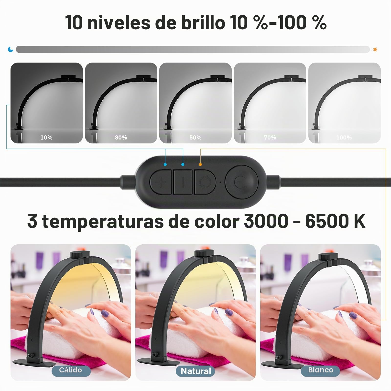 TopDirect Lampara Media Luna, 29" 42W LáMpara De Escritorio De UñAs con Soporte para Teléfono Móvil, LED Professional Nail Light Lash Light, Luz de Pestañas para SPA Facial Manicura (Negro,73cm)