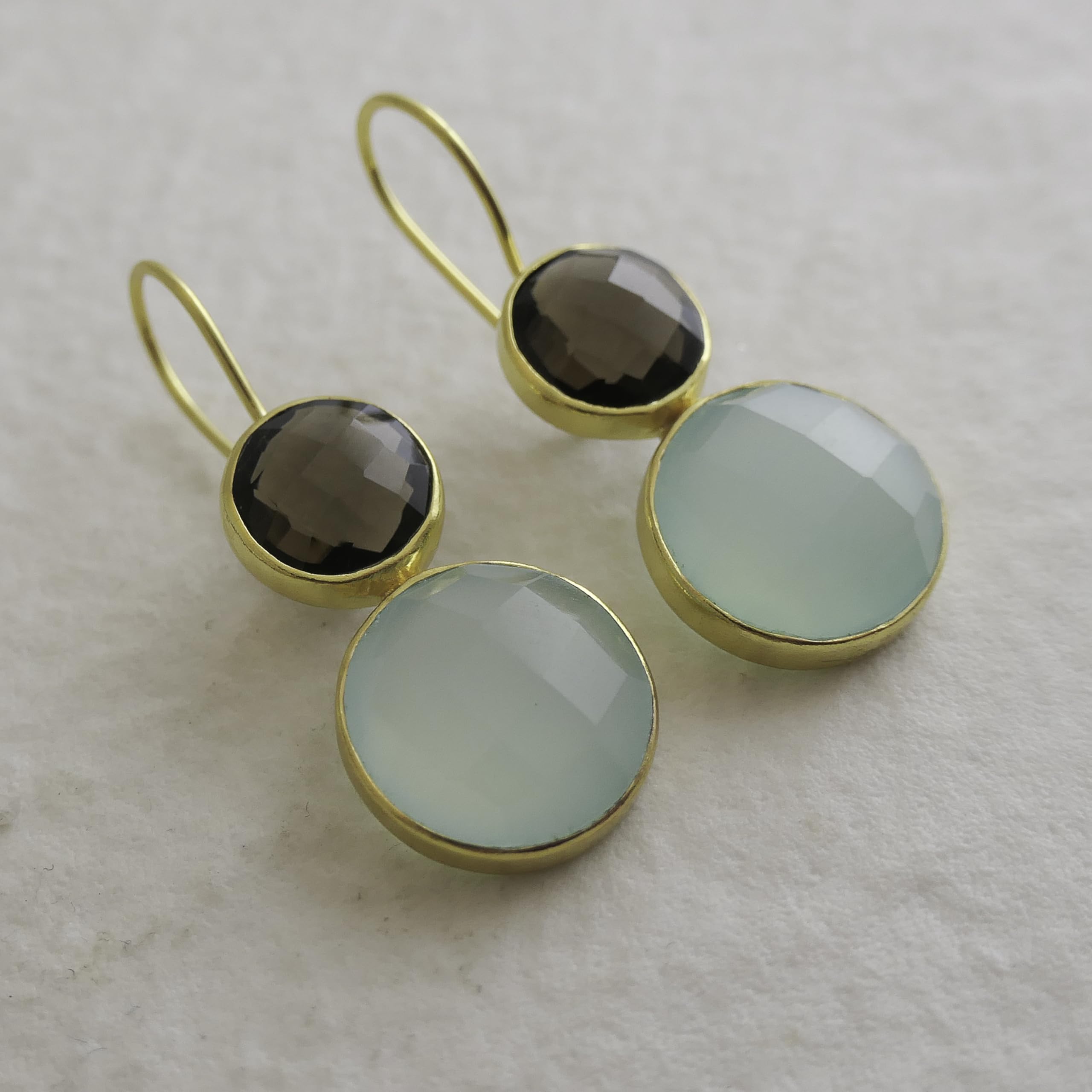 Rauchquarz & Aqua Chalcedon Edelstein Ohrringe | Hängende Ohrringe Damen Gold Silber 925 Vergoldet 4cm, Handgefertigt von GIA-Gemmologin Geschenk zum Geburtstag