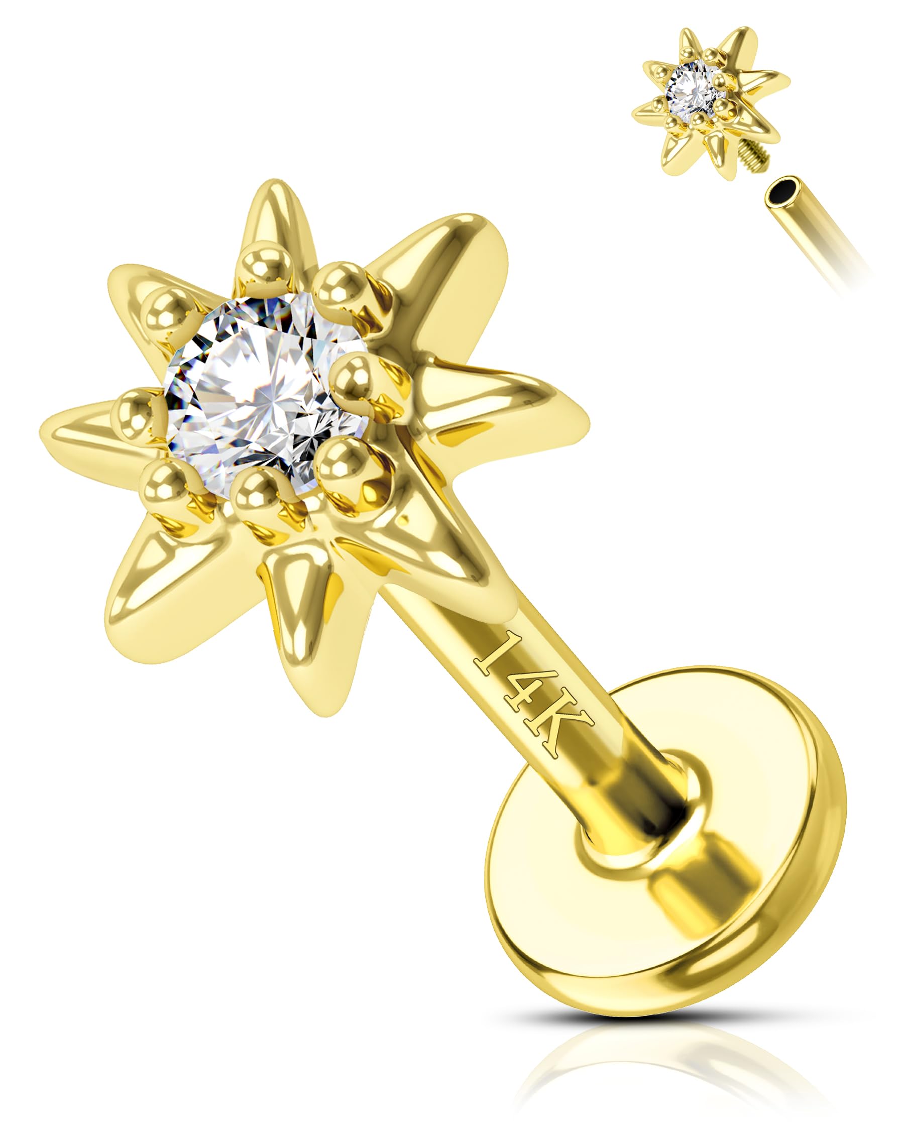 COCHARM 14K Real Gold Helix Cartilage Conch Earring Stud 16g Flat Back Sun Helix Cartilage Conch Tragus Piercing 16g Yellow Gold Internally Threaded