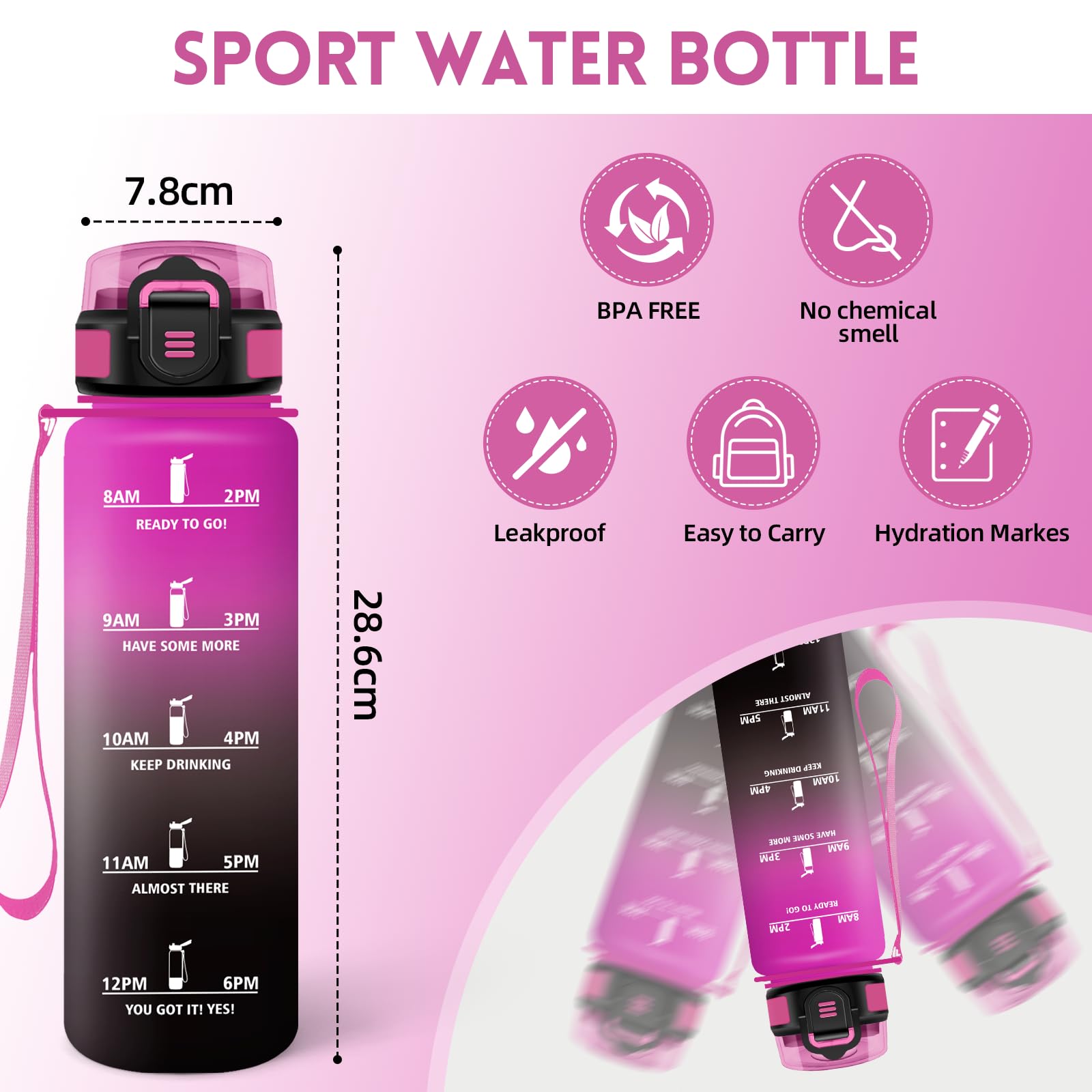 Motswedi Borraccia 1 litro,Riutilizzabile, Borraccia Motivazionale, a Prova di Perdite, Bottiglia Acqua, Senza BPA, Borracce, per Sport, Ufficio, Ciclismo, Palestra, Viola&Nero