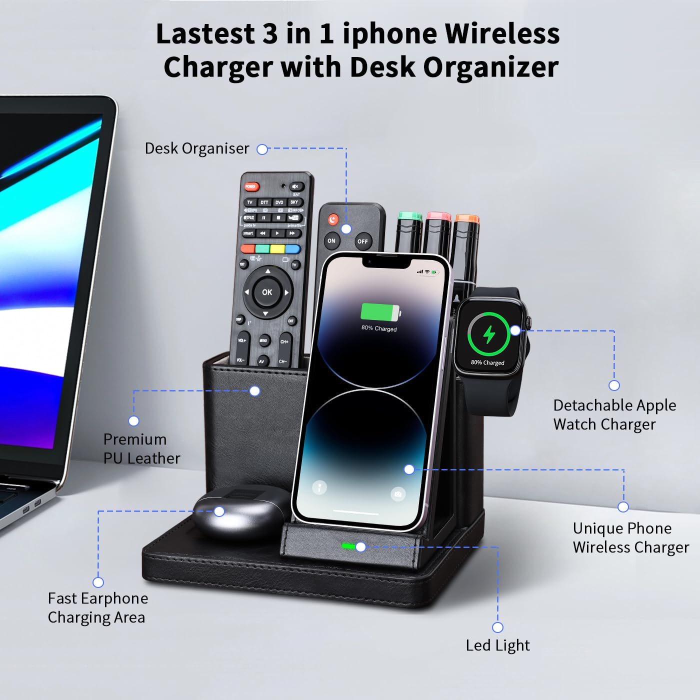 GORESE 3 in 1 Stazione Ricarica con organizzatore da scrivania, 30W caricabatterie wireless a parete compatibile per iPhone 15/14/13/12/11/Pro/Max/XS iWatch 7/6/5/4/3 AirPods 3/2/Pro