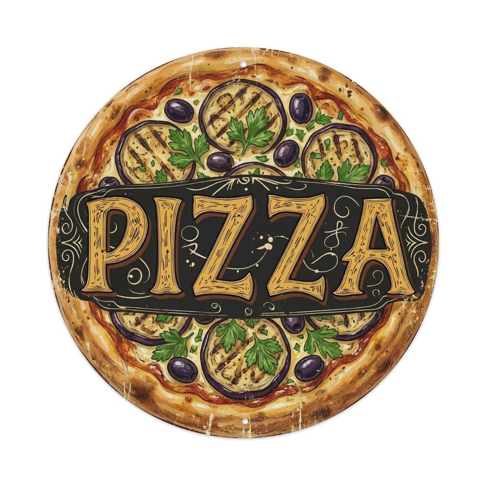 Yrnq 8X8inch Vintage Style Vintage Pizza Eggplant Olive Parsley Food Decoration Metal Tin Sign