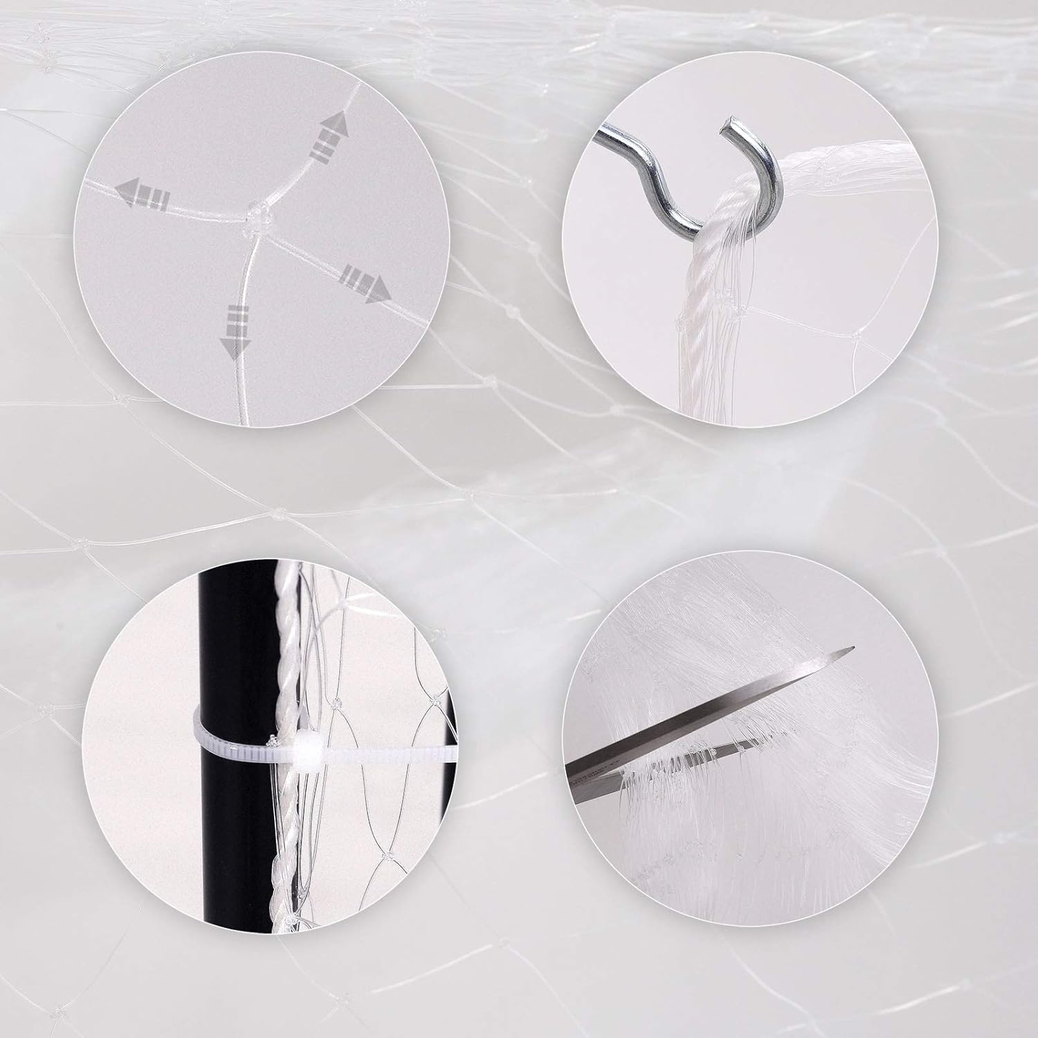 Four circular insets demonstrating installation details: top-left shows net knots, top-right shows rope tied to a hook screw, bottom-left shows a cable tie securing the net to a pole, bottom-right shows scissors cutting the net.