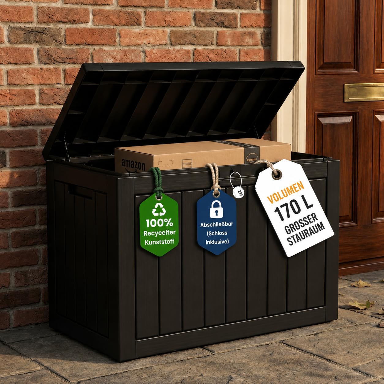Olsen & Smith 170L Paketbox & Abschließbare Gartenbox mit Deckel | Wasserdicht & Wetterfest, Inkl. Vorhängeschloss, 100 % Recycelt, Für Pakete & Auflagen, Kissenbox, Draußen, Balkon & Terrasse