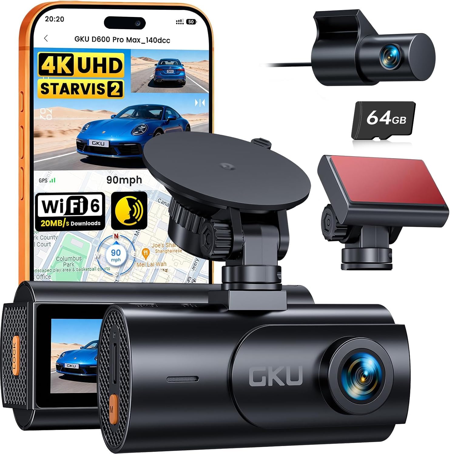 GKU 4K Dash Cam Front and Rear, Starvis 2 Sensor, 5.8GHz WiFi 6 Dashcam | with 64GB SD Card, Voice Control, 3 "IPS Car Camera Dash Cam, GPS, Night Vision, 24H Parking Mode, G-sensor, App Control