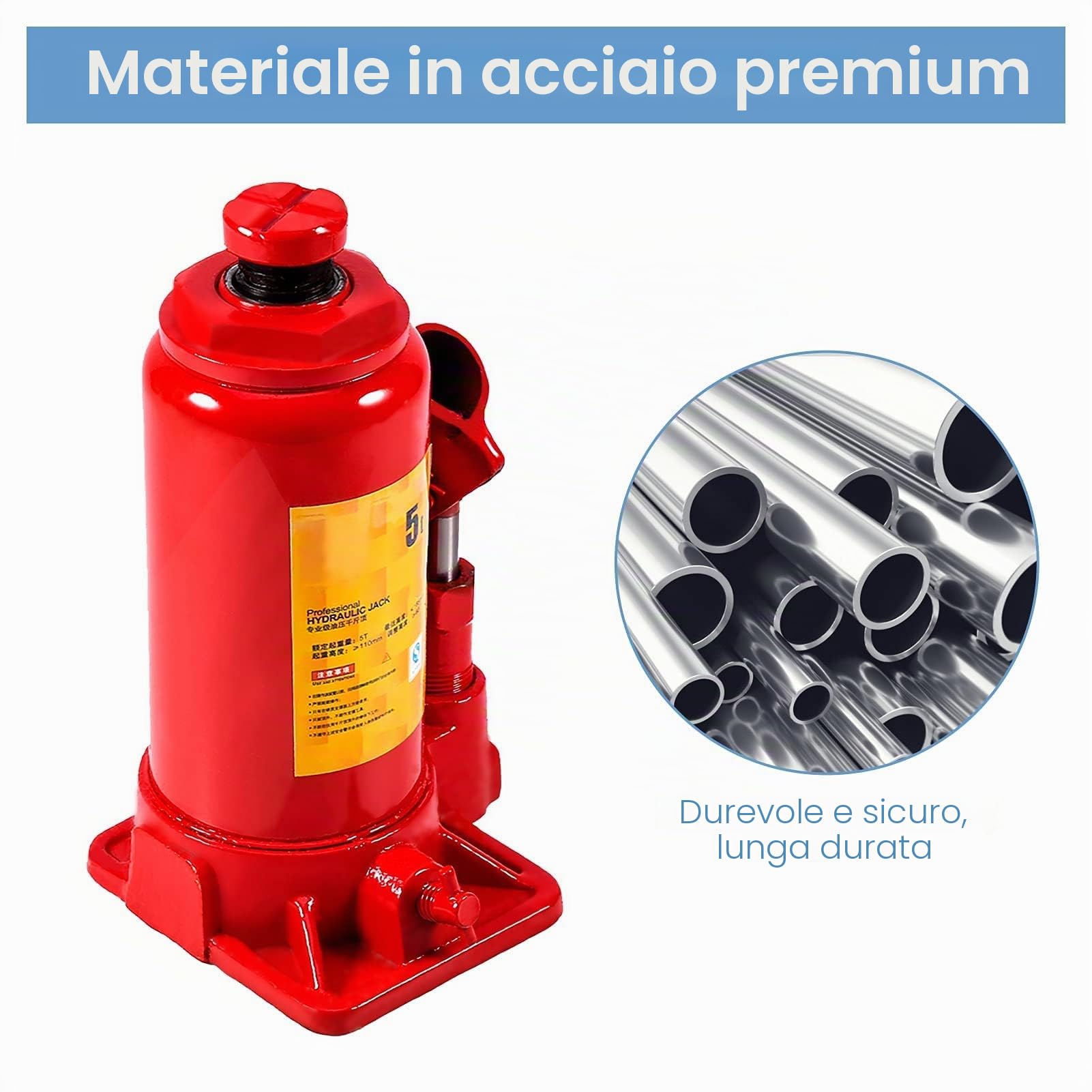 Martinetto Idraulico Cric Idraulici 5T, Cric Idraulico in Metallo, Martinetto Idraulico Universale per il Sollevamento Verticale, Cric Idraulico a Bottiglia per Carichi Pesanti per Auto Camion